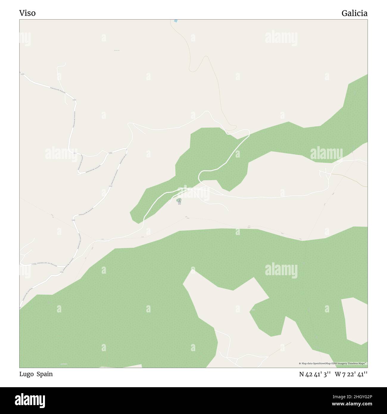 Viso, Lugo, Spagna, Galizia, N 42 41' 3'', W 7 22' 41''', mappa, mappa senza tempo pubblicata nel 2021. Viaggiatori, esploratori e avventurieri come Florence Nightingale, David Livingstone, Ernest Shackleton, Lewis and Clark e Sherlock Holmes si sono affidati alle mappe per pianificare i viaggi verso gli angoli più remoti del mondo, Timeless Maps sta mappando la maggior parte delle località del mondo, mostrando il successo di grandi sogni Foto Stock