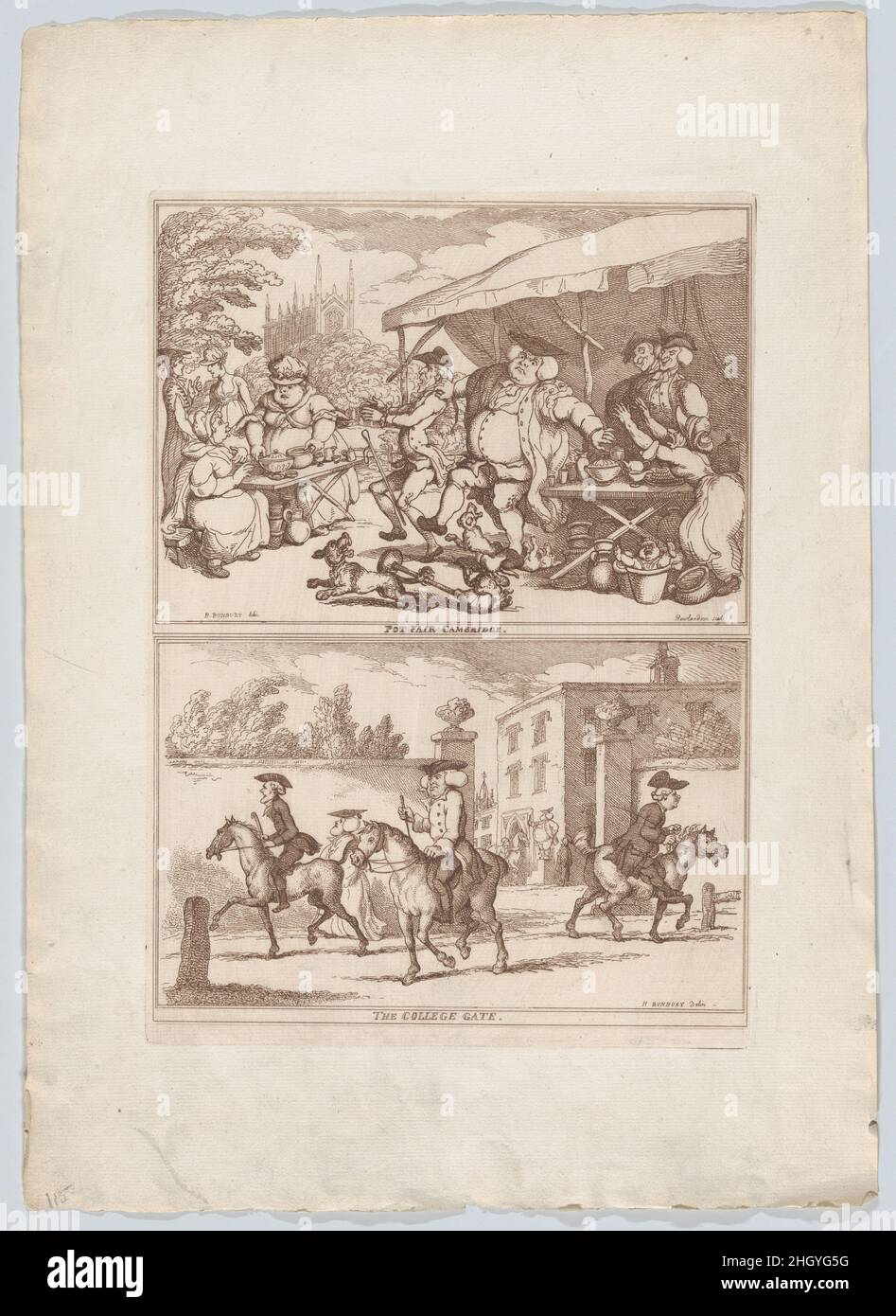 Pot Fair Cambridge, e il College Gate 1780–90 Thomas Rowlandson due scene stampate su un foglio, i soggetti si riferiscono ai giorni di Bunbury come studente a Cambridge.'Pot Fair Cambridge': Le pentole sono disposte su tavoli per la vendita. Un divino grasso inciampa indietro mentre i cani combattono in primo piano. Un venditore a destra è allarmato mentre minaccia di cadere sul suo tavolo.'The College Gate': Tre uomini cavalcano fuori in direzioni diverse dopo essere venuti attraverso un cancello con colonne quadrate di mattoni sormontato da vasi di pietra. Dietro il cavaliere di sinistra cammina un divino grasso indossando un cappellino accademico. Attraverso il gateway siamo mostrati Foto Stock
