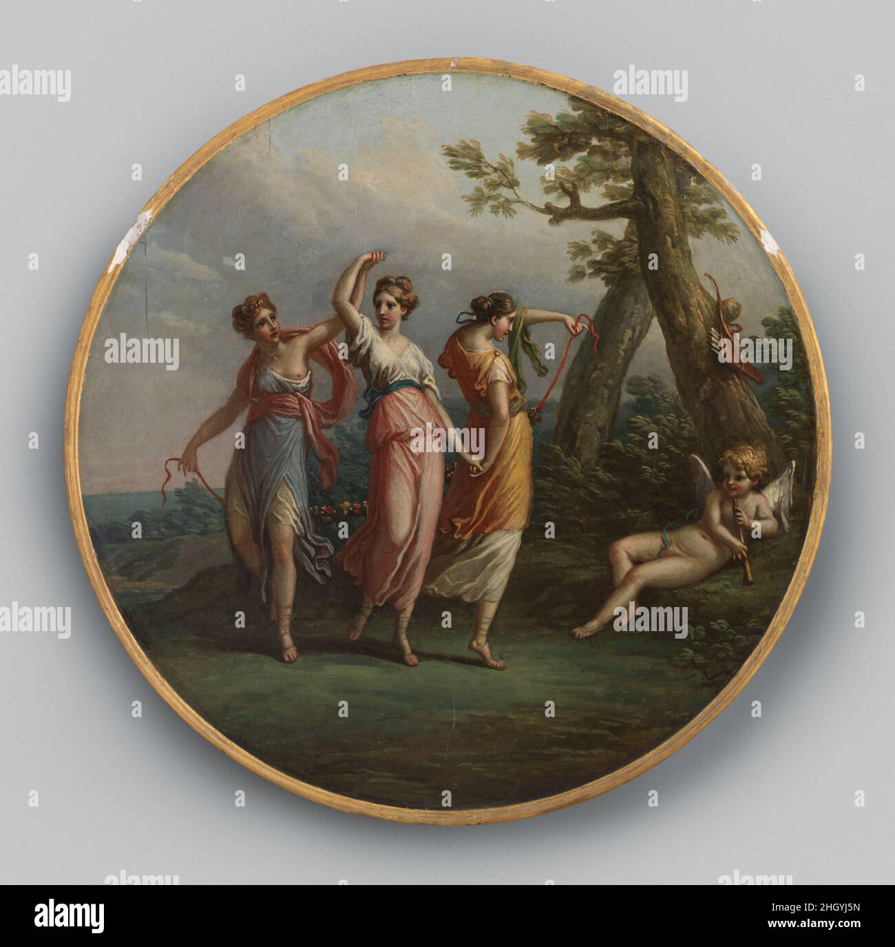 Tre ninfe danzanti e un armadio reclinabile in un paesaggio ca. 1772 attribuito ad Antonio Zucchi italiano originariamente posto al centro del soffitto del salotto di No. 4 Adelphi Terrace, Londra, la casa degli architetti Robert e James Adam, e circondato da altri quattordici medaglioni dipinti. L'artista Antonio Zucchi è stato membro associato della Royal Academy nel 1770 ed è stato il principale pittore decorativo di Robert Adam. Tre ninfe danzanti e un armadio reclinabile in un paesaggio. Attribuito ad Antonio Zucchi (Venezia 1726–1796 Roma). Inglese. CA. 1772. Olio su carta, incluso Foto Stock
