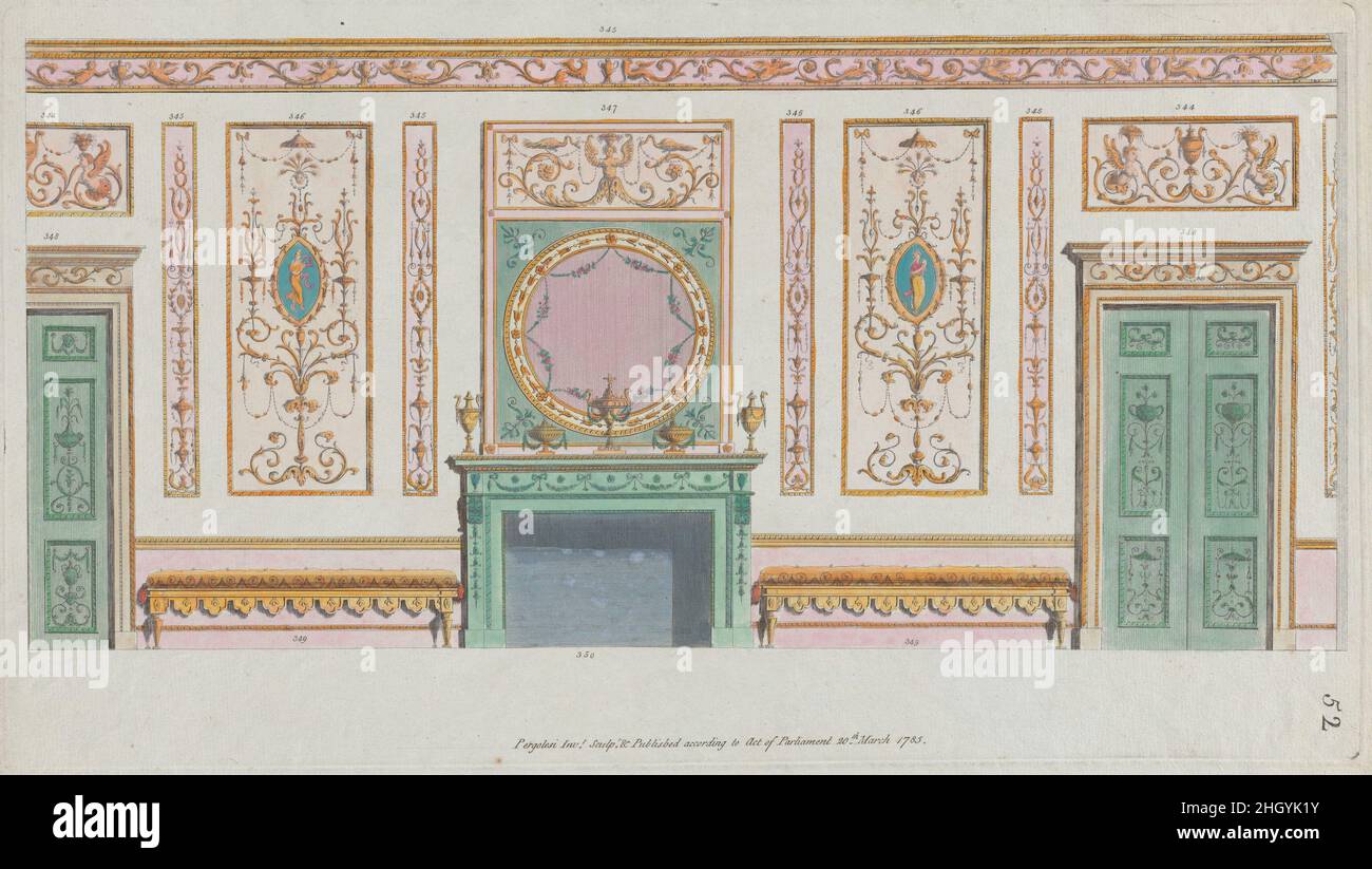 Muro ornato interno con porte e camino, n° 344–350 ('Dedinsegne per ornamenti vari,' pl. 52) 20 marzo 1785 Michelangelo Pergolesi questo progetto per una parete interna comprende porte, una tettoia, panchine e pannelli ornati, con sezioni numerate da 344 a 350. La stampa proviene da un gruppo creato e pubblicato in serie a Londra da Pergolesi tra il 1777 e il 1792. Non esiste una pagina del titolo, ma un prospetto di ca. 1786 ha descritto il gruppo come: "Una grande varietà di disegni originali di vasi, figure, medaglioni, fregi, lesene, Pannelli e altri ornamenti, negli etruschi e grottesq Foto Stock