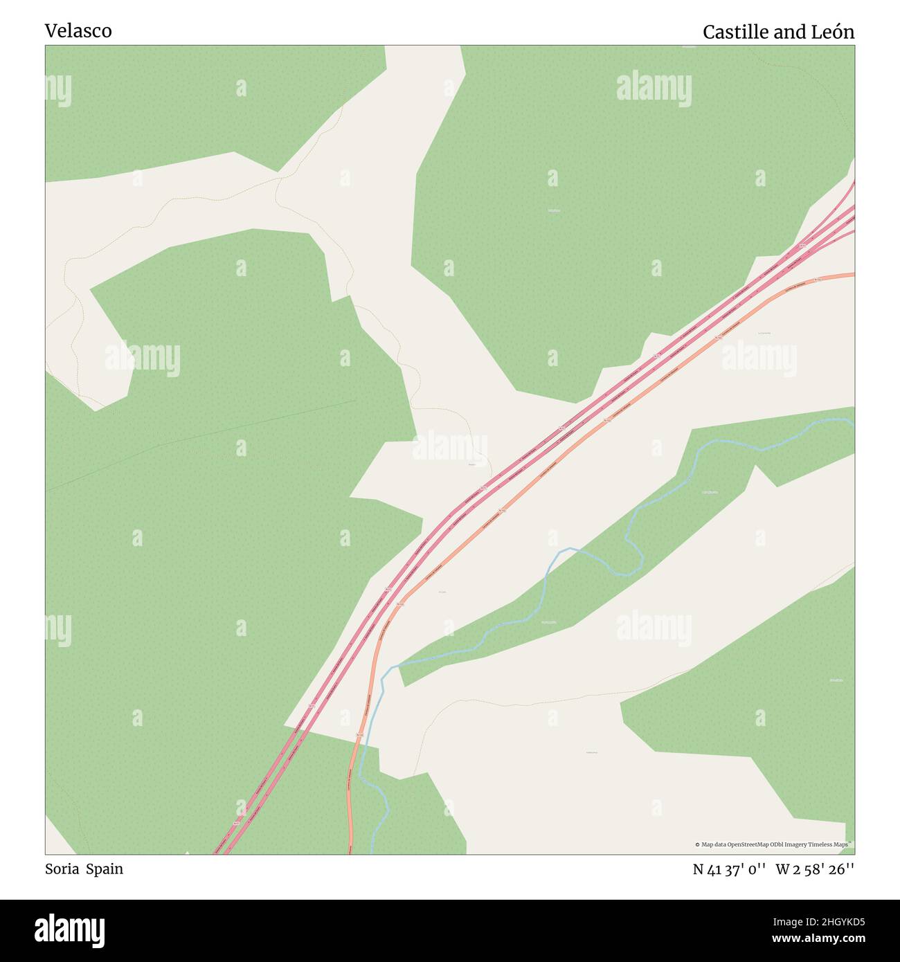 Velasco, Soria, Spagna, Castille e León, N 41 37' 0''', W 2 58' 26''', mappa, mappa senza tempo pubblicata nel 2021. Viaggiatori, esploratori e avventurieri come Florence Nightingale, David Livingstone, Ernest Shackleton, Lewis and Clark e Sherlock Holmes si sono affidati alle mappe per pianificare i viaggi verso gli angoli più remoti del mondo, Timeless Maps sta mappando la maggior parte delle località del mondo, mostrando il successo di grandi sogni Foto Stock