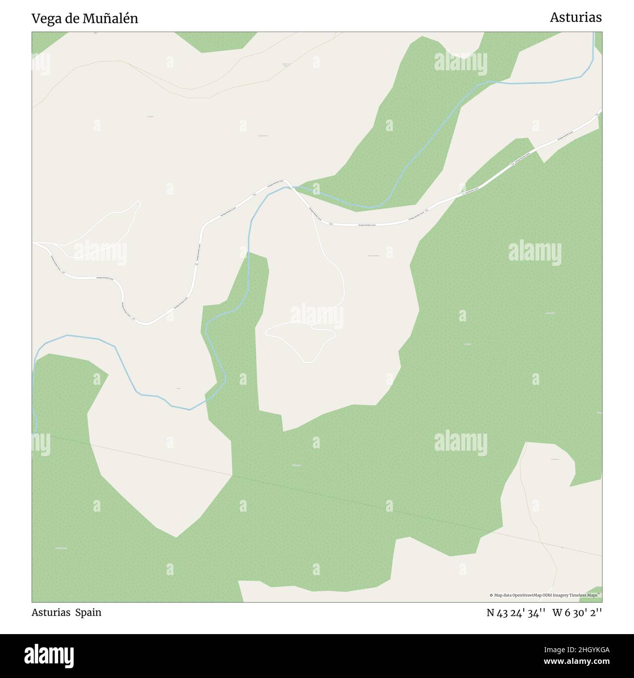 Vega de Muñalén, Asturias, Spagna, Asturias, N 43 24' 34'', W 6 30' 2''', mappa, mappa senza tempo pubblicata nel 2021. Viaggiatori, esploratori e avventurieri come Florence Nightingale, David Livingstone, Ernest Shackleton, Lewis and Clark e Sherlock Holmes si sono affidati alle mappe per pianificare i viaggi verso gli angoli più remoti del mondo, Timeless Maps sta mappando la maggior parte delle località del mondo, mostrando il successo di grandi sogni Foto Stock