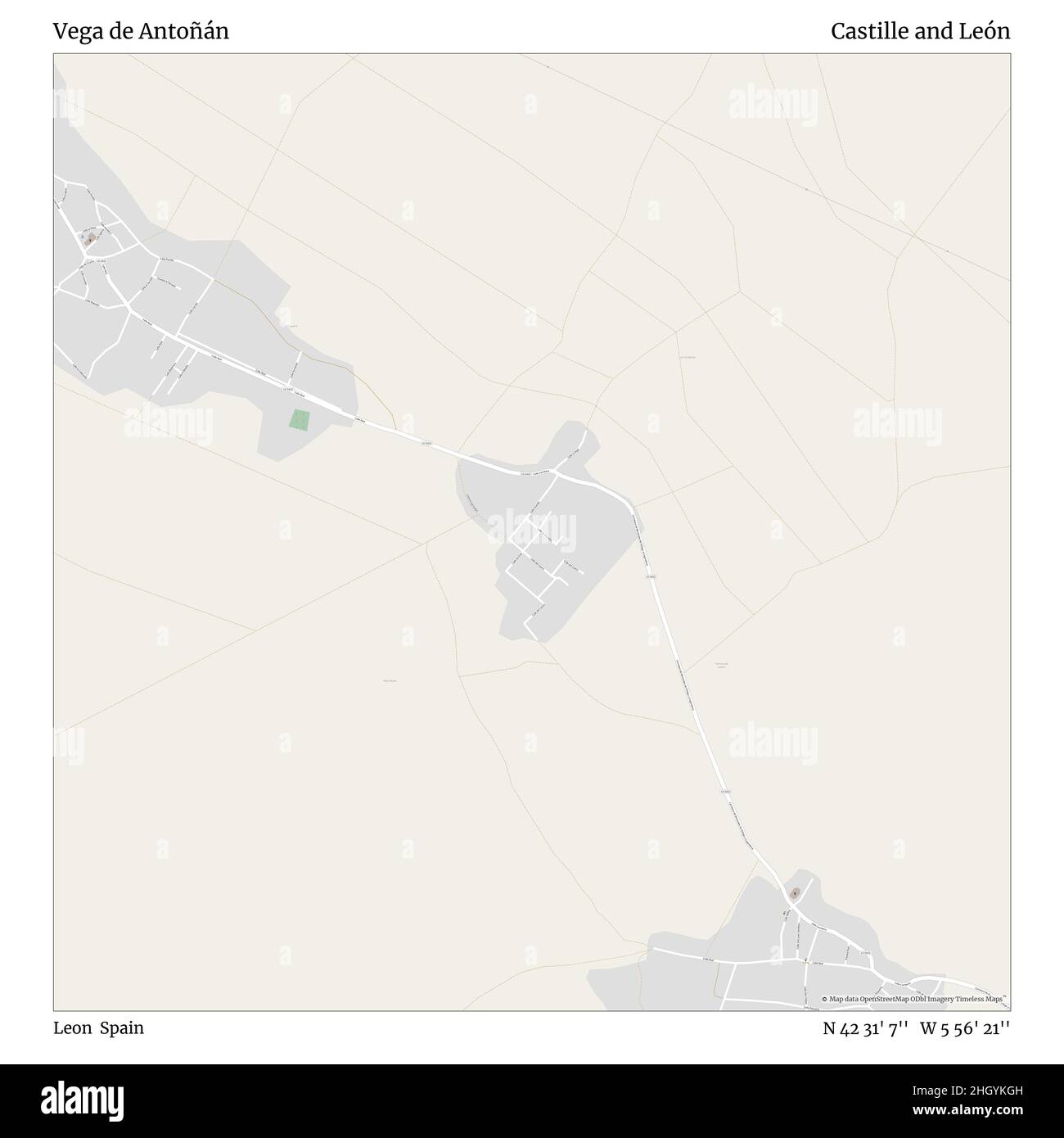 Vega de Antoñán, Leon, Spagna, Castiglia e León, N 42 31' 7''', W 5 56' 21''', mappa, mappa senza tempo pubblicata nel 2021. Viaggiatori, esploratori e avventurieri come Florence Nightingale, David Livingstone, Ernest Shackleton, Lewis and Clark e Sherlock Holmes si sono affidati alle mappe per pianificare i viaggi verso gli angoli più remoti del mondo, Timeless Maps sta mappando la maggior parte delle località del mondo, mostrando il successo di grandi sogni Foto Stock