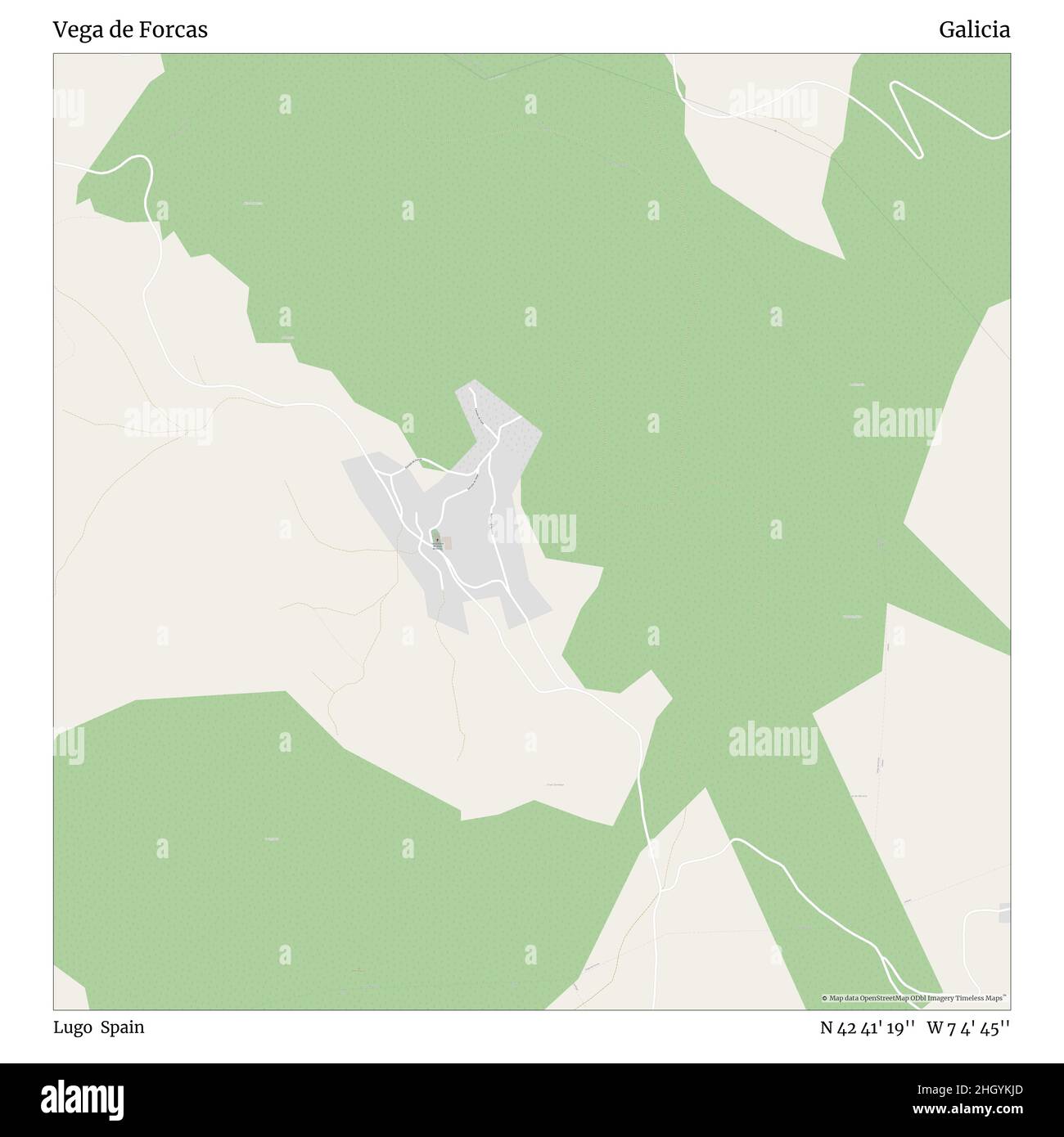 Vega de Forcas, Lugo, Spagna, Galizia, N 42 41' 19''', W 7 4' 45''', mappa, Mappa senza tempo pubblicata nel 2021. Viaggiatori, esploratori e avventurieri come Florence Nightingale, David Livingstone, Ernest Shackleton, Lewis and Clark e Sherlock Holmes si sono affidati alle mappe per pianificare i viaggi verso gli angoli più remoti del mondo, Timeless Maps sta mappando la maggior parte delle località del mondo, mostrando il successo di grandi sogni Foto Stock