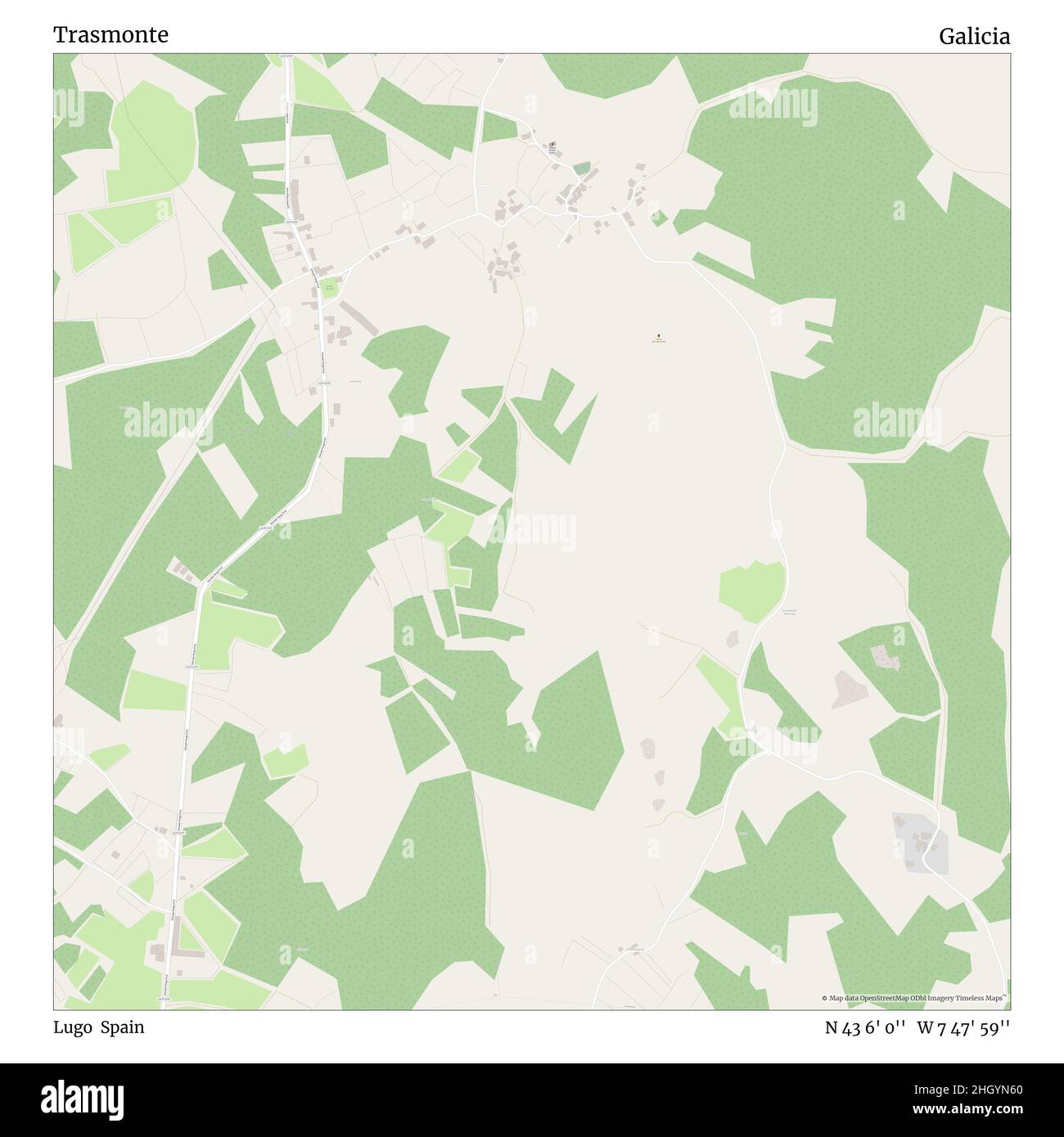 Trasmonte, Lugo, Spagna, Galizia, N 43 6' 0'', W 7 47' 59''', mappa, mappa senza tempo pubblicata nel 2021. Viaggiatori, esploratori e avventurieri come Florence Nightingale, David Livingstone, Ernest Shackleton, Lewis and Clark e Sherlock Holmes si sono affidati alle mappe per pianificare i viaggi verso gli angoli più remoti del mondo, Timeless Maps sta mappando la maggior parte delle località del mondo, mostrando il successo di grandi sogni Foto Stock