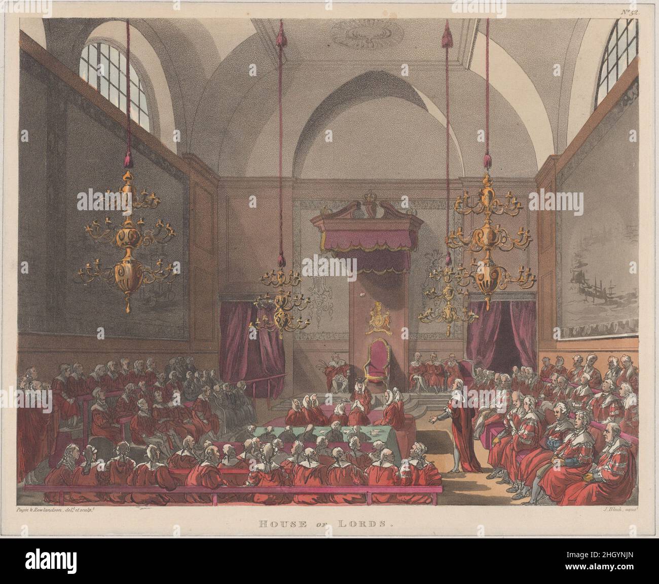 House of Lords 1808 progettato e inciso da Thomas Rowlandson i Lord sono mostrati qui in sessione, circondato da arazzi che registrano momenti chiave nel tentativo fallito di Armada spagnolo del 1588 di invadere l'Inghilterra. La casa superiore ereditaria del Parlamento si trasferì in questo spazio, appena a sud di Westminster Hall, nel 1801 per accogliere nuovi membri aggiunti dalla legge dell'Unione con l'Irlanda - nota come la "Sala minore", l'edificio era stato precedentemente utilizzato per banchetti. Nel 1834, quando un incendio disastroso distrusse la maggior parte del Palazzo di Westminster, i Lord si spostarono di nuovo. Casa dei Lord. Microcosmo di Londra, pl Foto Stock
