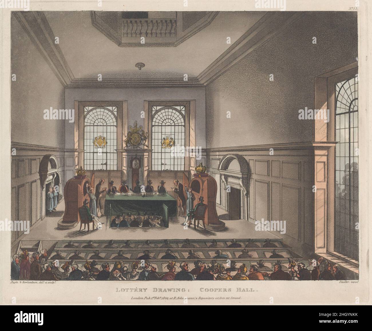 Lotteria disegno, Coopers Hall 1 febbraio 1809 progettato e inciso da Thomas Rowlandson. Disegno della lotteria, Sala Coopers. Microcosmo di Londra, pl. 53. Progettato e inciso da Thomas Rowlandson (British, Londra 1757–1827 Londra). Febbraio 1, 1809. Acquaforte e acquatinta colorate a mano. Rudolph Ackermann, Londra (attivo dal 1794 al 1829). Stampa Foto Stock