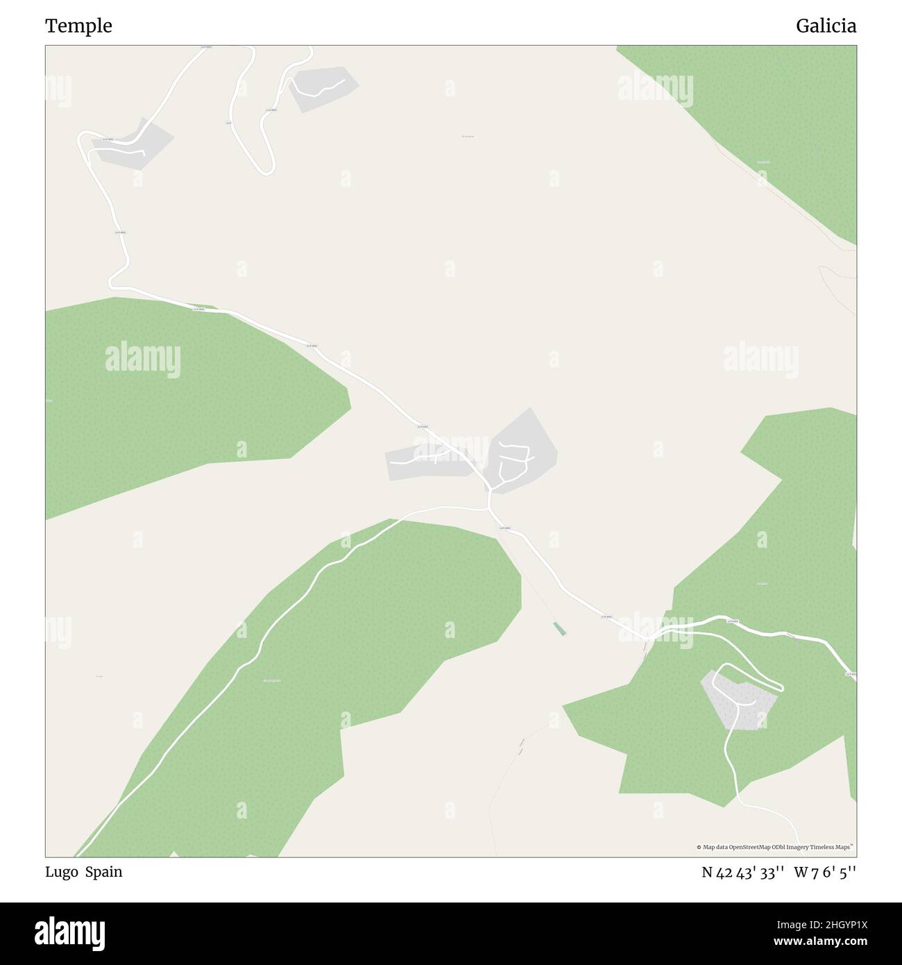 Tempio, Lugo, Spagna, Galizia, N 42 43' 33'', W 7 6' 5''', mappa, Mappa senza tempo pubblicata nel 2021. Viaggiatori, esploratori e avventurieri come Florence Nightingale, David Livingstone, Ernest Shackleton, Lewis and Clark e Sherlock Holmes si sono affidati alle mappe per pianificare i viaggi verso gli angoli più remoti del mondo, Timeless Maps sta mappando la maggior parte delle località del mondo, mostrando il successo di grandi sogni Foto Stock