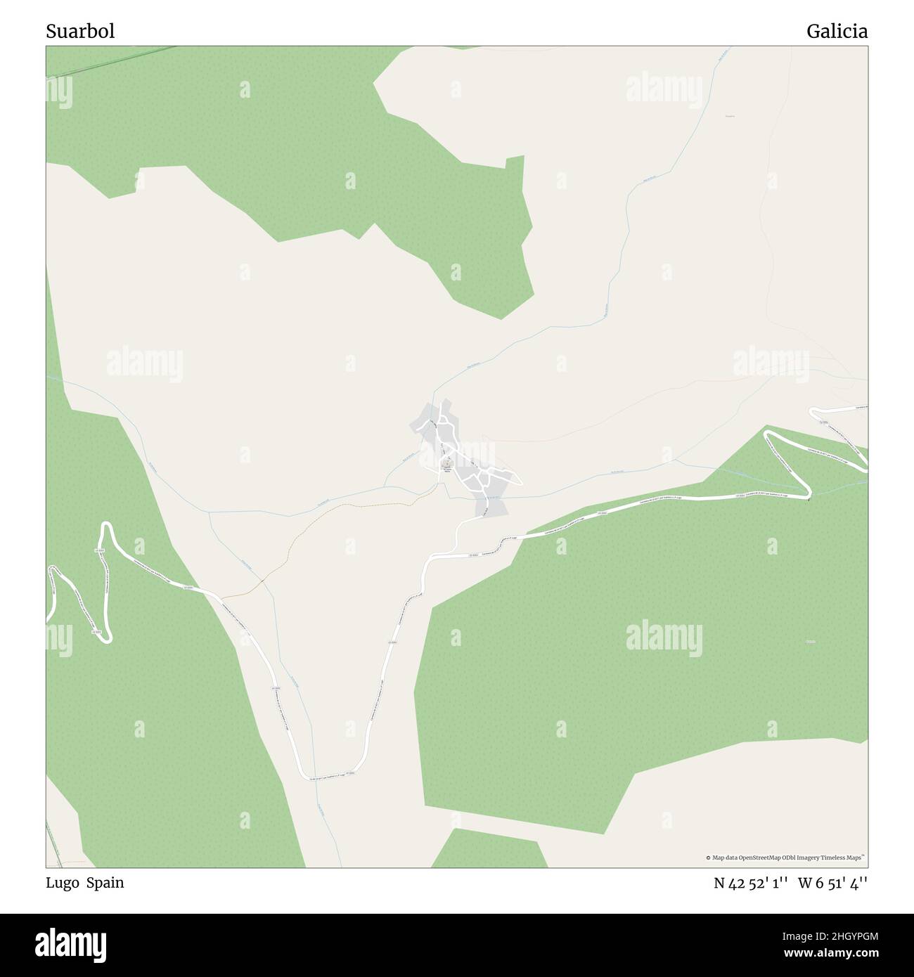 Suarbol, Lugo, Spagna, Galizia, N 42 52' 1'', W 6 51' 4''', mappa, mappa senza tempo pubblicata nel 2021. Viaggiatori, esploratori e avventurieri come Florence Nightingale, David Livingstone, Ernest Shackleton, Lewis and Clark e Sherlock Holmes si sono affidati alle mappe per pianificare i viaggi verso gli angoli più remoti del mondo, Timeless Maps sta mappando la maggior parte delle località del mondo, mostrando il successo di grandi sogni Foto Stock