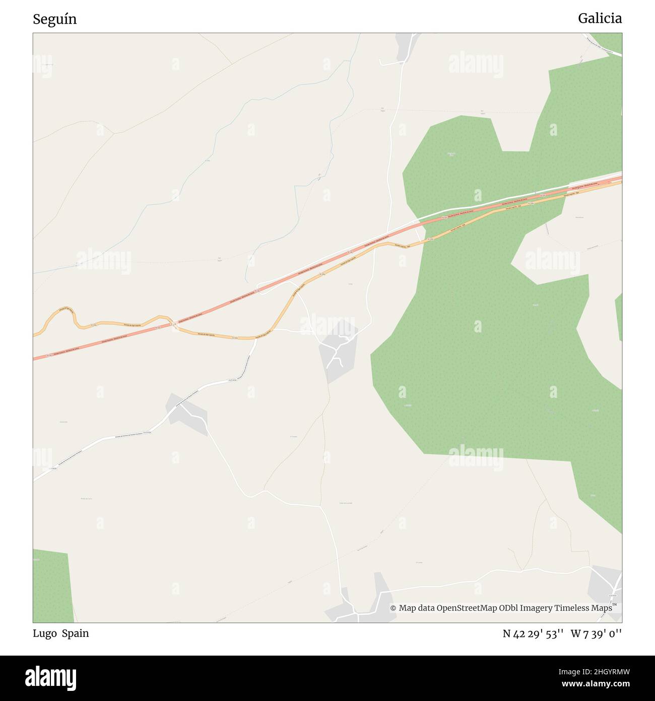 Seguín, Lugo, Spagna, Galizia, N 42 29' 53'', W 7 39' 0''', mappa, mappa senza tempo pubblicata nel 2021. Viaggiatori, esploratori e avventurieri come Florence Nightingale, David Livingstone, Ernest Shackleton, Lewis and Clark e Sherlock Holmes si sono affidati alle mappe per pianificare i viaggi verso gli angoli più remoti del mondo, Timeless Maps sta mappando la maggior parte delle località del mondo, mostrando il successo di grandi sogni Foto Stock