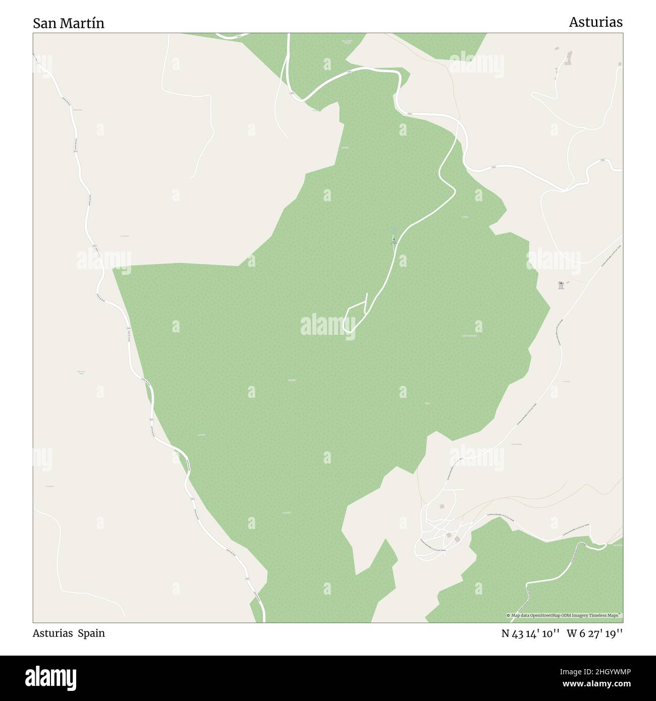 San Martín, Asturie, Spagna, Asturie, N 43 14' 10''', W 6 27' 19''', mappa, mappa senza tempo pubblicata nel 2021. Viaggiatori, esploratori e avventurieri come Florence Nightingale, David Livingstone, Ernest Shackleton, Lewis and Clark e Sherlock Holmes si sono affidati alle mappe per pianificare i viaggi verso gli angoli più remoti del mondo, Timeless Maps sta mappando la maggior parte delle località del mondo, mostrando il successo di grandi sogni Foto Stock
