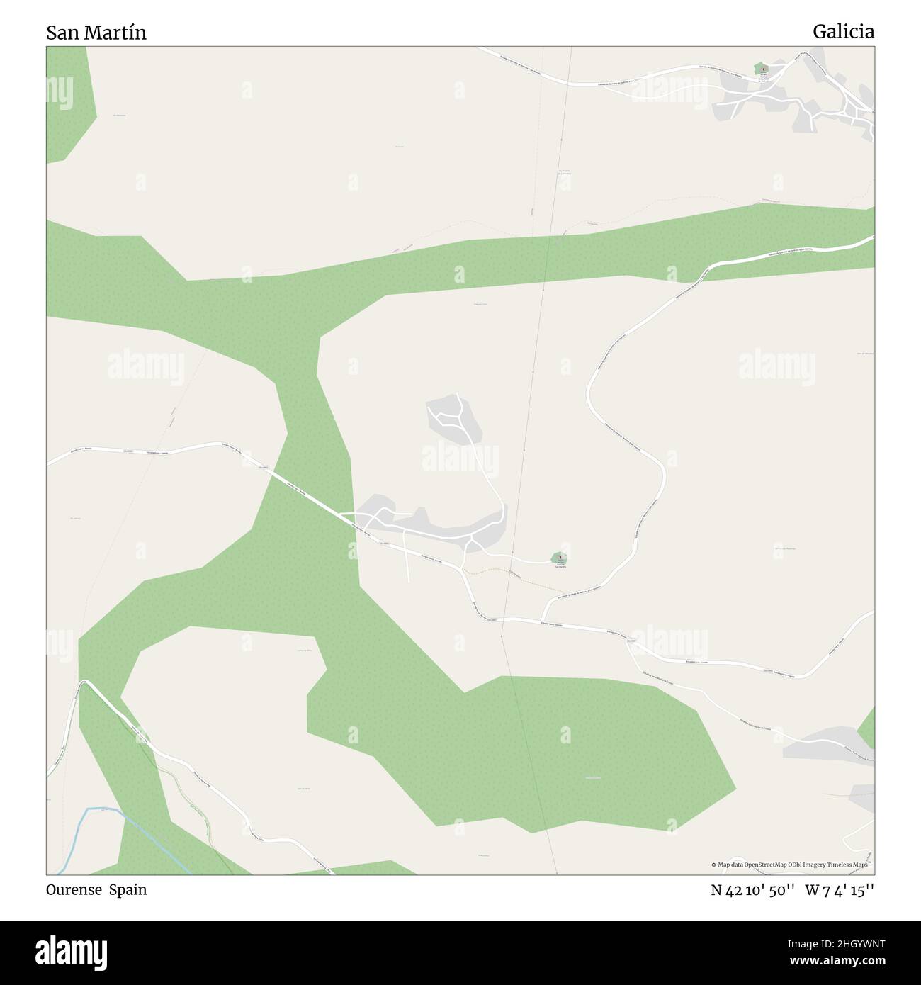 San Martín, Ourense, Spagna, Galizia, N 42 10' 50'', W 7 4' 15''', mappa, mappa senza tempo pubblicata nel 2021. Viaggiatori, esploratori e avventurieri come Florence Nightingale, David Livingstone, Ernest Shackleton, Lewis and Clark e Sherlock Holmes si sono affidati alle mappe per pianificare i viaggi verso gli angoli più remoti del mondo, Timeless Maps sta mappando la maggior parte delle località del mondo, mostrando il successo di grandi sogni Foto Stock