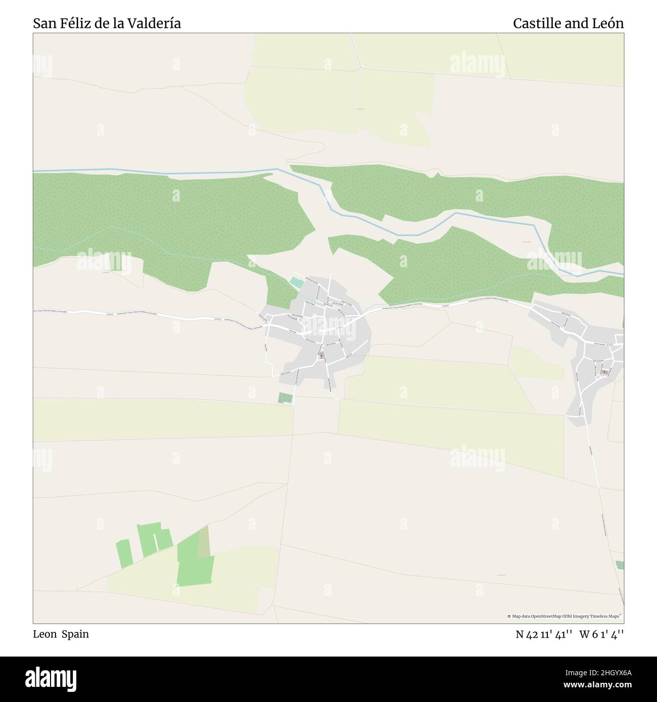 San Féliz de la Valdería, Leon, Spagna, Castiglia e León, N 42 11' 41''', W 6 1' 4''', mappa, mappa senza tempo pubblicata nel 2021. Viaggiatori, esploratori e avventurieri come Florence Nightingale, David Livingstone, Ernest Shackleton, Lewis and Clark e Sherlock Holmes si sono affidati alle mappe per pianificare i viaggi verso gli angoli più remoti del mondo, Timeless Maps sta mappando la maggior parte delle località del mondo, mostrando il successo di grandi sogni Foto Stock