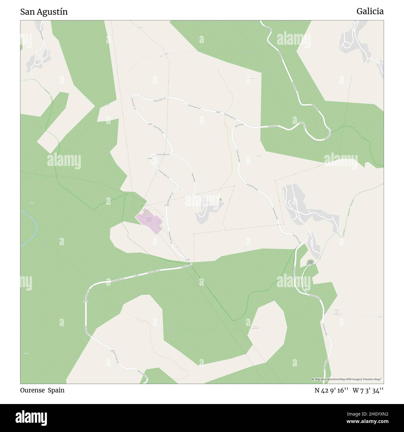 San Agustín, Ourense, Spagna, Galizia, N 42 9' 16'', W 7 3' 34''', mappa, mappa senza tempo pubblicata nel 2021. Viaggiatori, esploratori e avventurieri come Florence Nightingale, David Livingstone, Ernest Shackleton, Lewis and Clark e Sherlock Holmes si sono affidati alle mappe per pianificare i viaggi verso gli angoli più remoti del mondo, Timeless Maps sta mappando la maggior parte delle località del mondo, mostrando il successo di grandi sogni Foto Stock