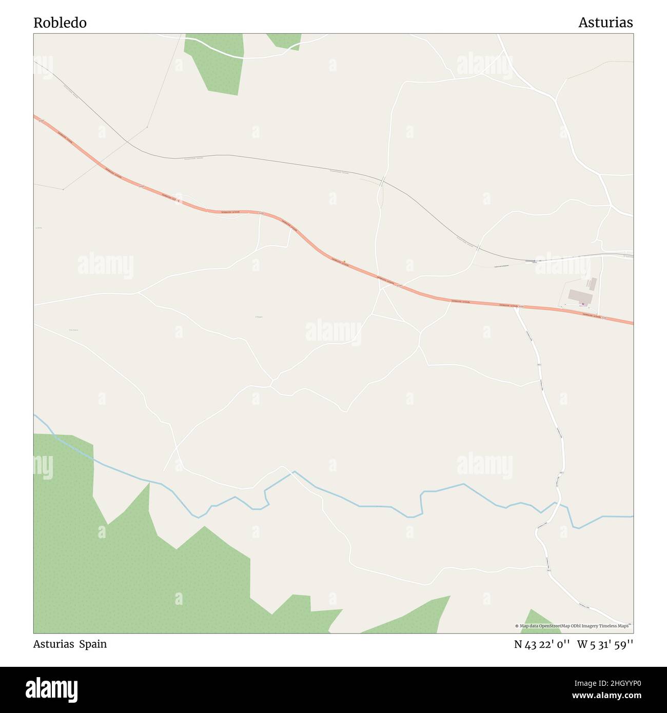 Robledo, Asturias, Spagna, Asturias, N 43 22' 0'', W 5 31' 59''', mappa, Mappa senza tempo pubblicata nel 2021. Viaggiatori, esploratori e avventurieri come Florence Nightingale, David Livingstone, Ernest Shackleton, Lewis and Clark e Sherlock Holmes si sono affidati alle mappe per pianificare i viaggi verso gli angoli più remoti del mondo, Timeless Maps sta mappando la maggior parte delle località del mondo, mostrando il successo di grandi sogni Foto Stock