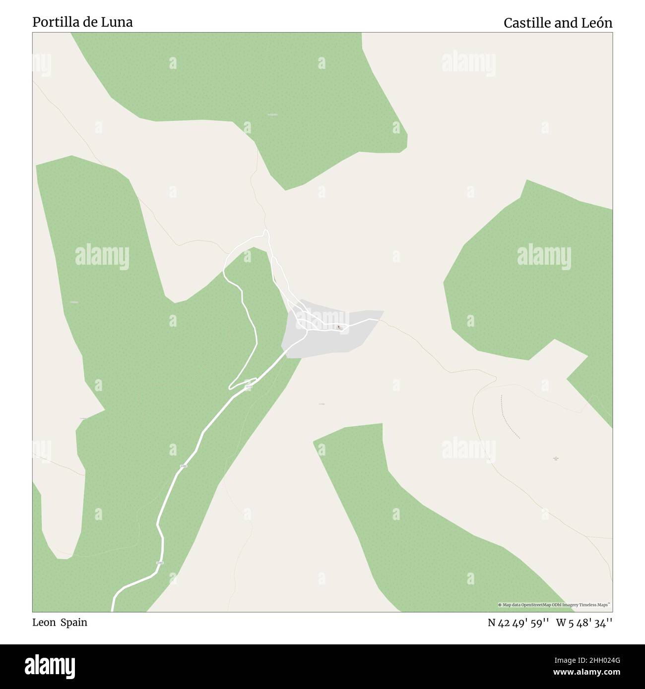Portilla de Luna, Leon, Spagna, Castiglia e León, N 42 49' 59''', W 5 48' 34''', mappa, mappa senza tempo pubblicata nel 2021. Viaggiatori, esploratori e avventurieri come Florence Nightingale, David Livingstone, Ernest Shackleton, Lewis and Clark e Sherlock Holmes si sono affidati alle mappe per pianificare i viaggi verso gli angoli più remoti del mondo, Timeless Maps sta mappando la maggior parte delle località del mondo, mostrando il successo di grandi sogni Foto Stock