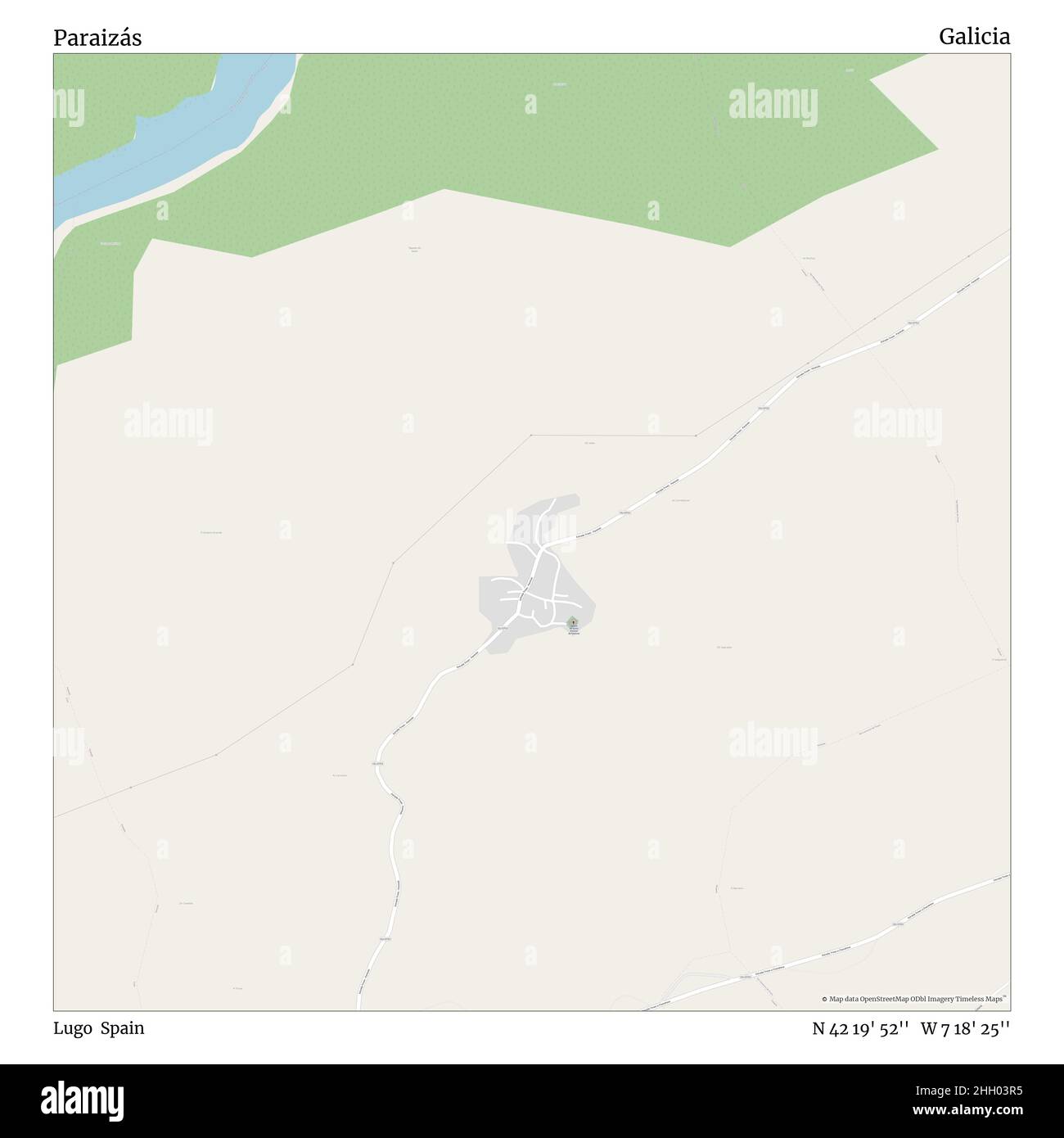 Paraizás, Lugo, Spagna, Galizia, N 42 19' 52'', W 7 18' 25''', mappa, mappa senza tempo pubblicata nel 2021. Viaggiatori, esploratori e avventurieri come Florence Nightingale, David Livingstone, Ernest Shackleton, Lewis and Clark e Sherlock Holmes si sono affidati alle mappe per pianificare i viaggi verso gli angoli più remoti del mondo, Timeless Maps sta mappando la maggior parte delle località del mondo, mostrando il successo di grandi sogni Foto Stock