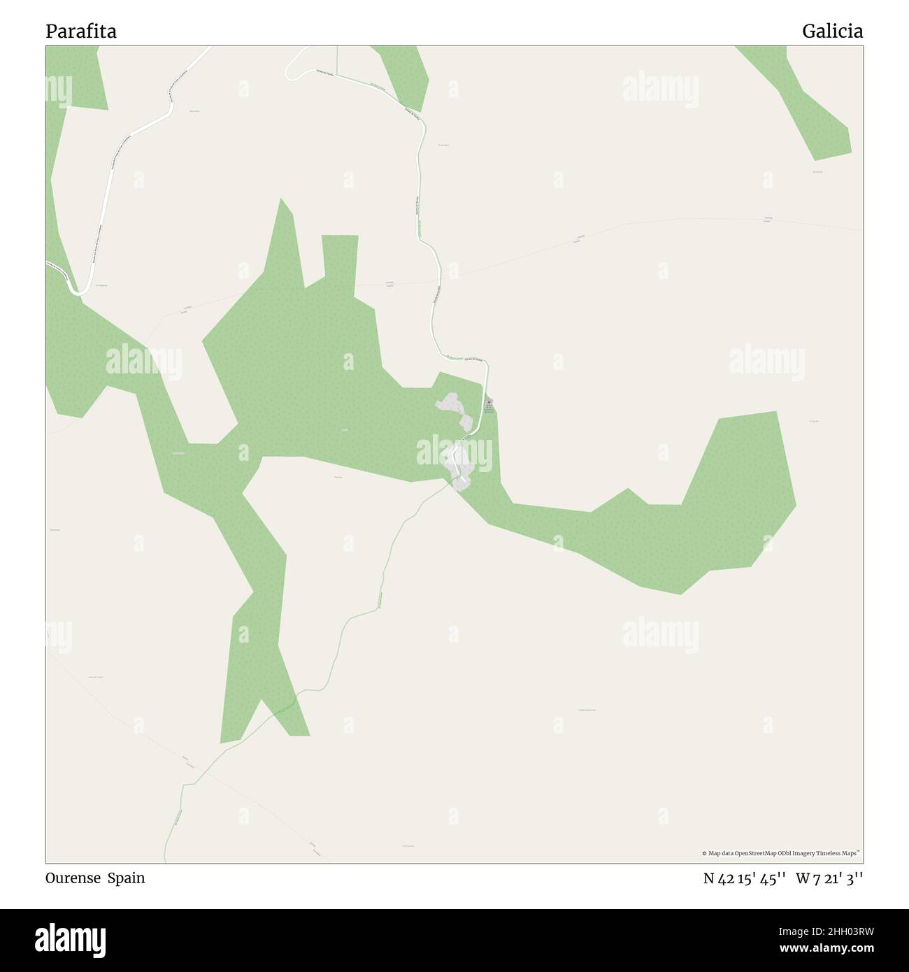 Parafita, Ourense, Spagna, Galizia, N 42 15' 45'', W 7 21' 3''', mappa, mappa senza tempo pubblicata nel 2021. Viaggiatori, esploratori e avventurieri come Florence Nightingale, David Livingstone, Ernest Shackleton, Lewis and Clark e Sherlock Holmes si sono affidati alle mappe per pianificare i viaggi verso gli angoli più remoti del mondo, Timeless Maps sta mappando la maggior parte delle località del mondo, mostrando il successo di grandi sogni Foto Stock