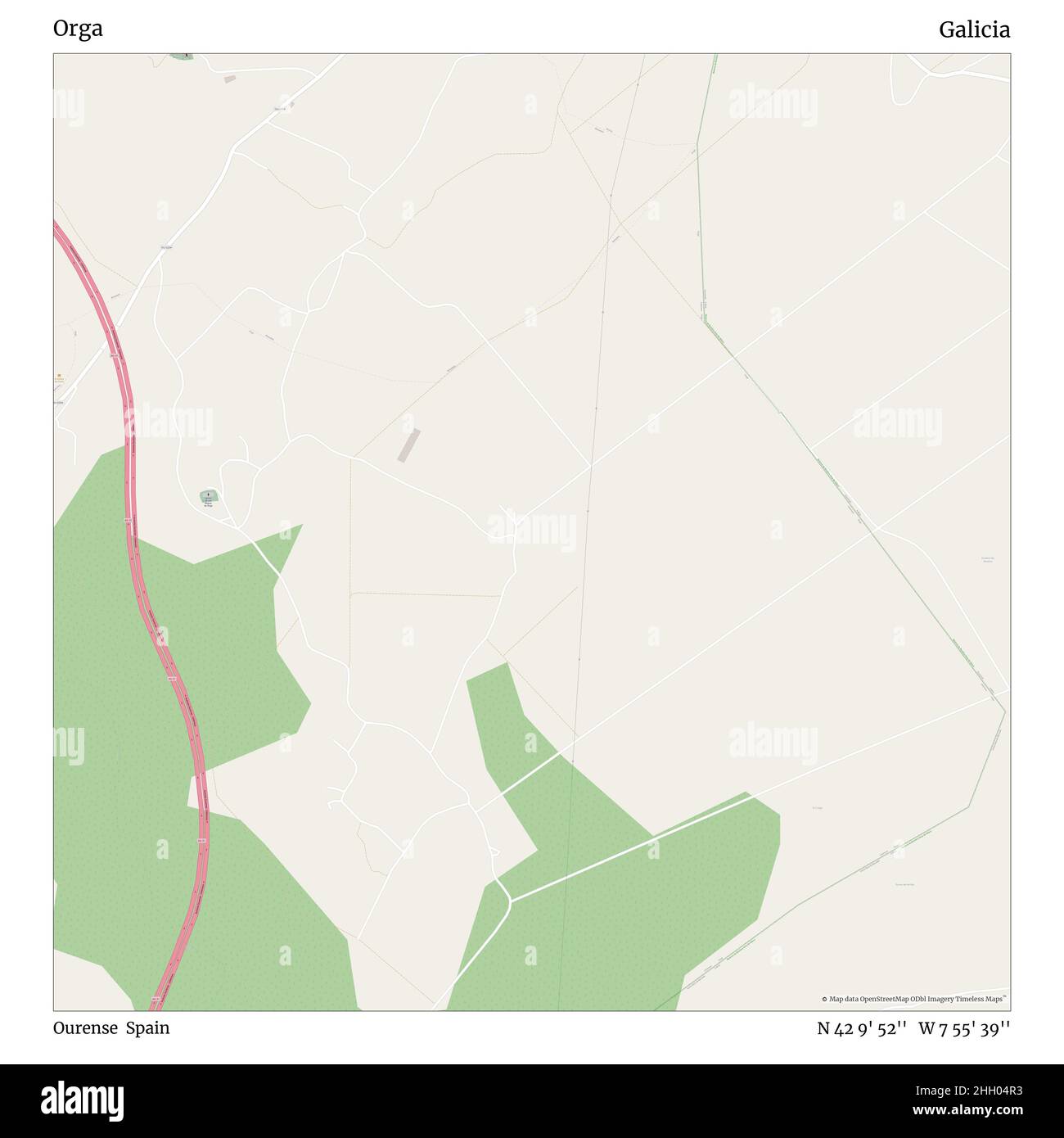 Orga, Ourense, Spagna, Galizia, N 42 9' 52'', W 7 55' 39''', mappa, mappa senza tempo pubblicata nel 2021. Viaggiatori, esploratori e avventurieri come Florence Nightingale, David Livingstone, Ernest Shackleton, Lewis and Clark e Sherlock Holmes si sono affidati alle mappe per pianificare i viaggi verso gli angoli più remoti del mondo, Timeless Maps sta mappando la maggior parte delle località del mondo, mostrando il successo di grandi sogni Foto Stock