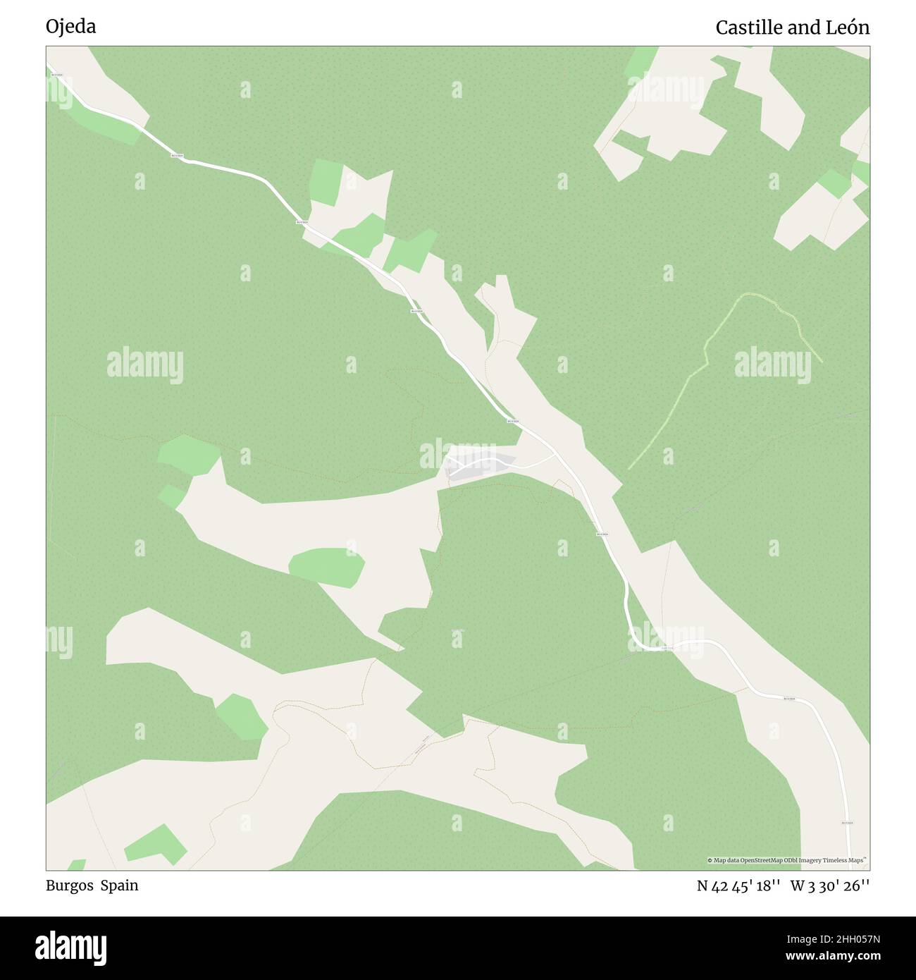 Ojeda, Burgos, Spagna, Castiglia e León, N 42 45' 18''', W 3 30' 26''', mappa, mappa senza tempo pubblicata nel 2021. Viaggiatori, esploratori e avventurieri come Florence Nightingale, David Livingstone, Ernest Shackleton, Lewis and Clark e Sherlock Holmes si sono affidati alle mappe per pianificare i viaggi verso gli angoli più remoti del mondo, Timeless Maps sta mappando la maggior parte delle località del mondo, mostrando il successo di grandi sogni Foto Stock