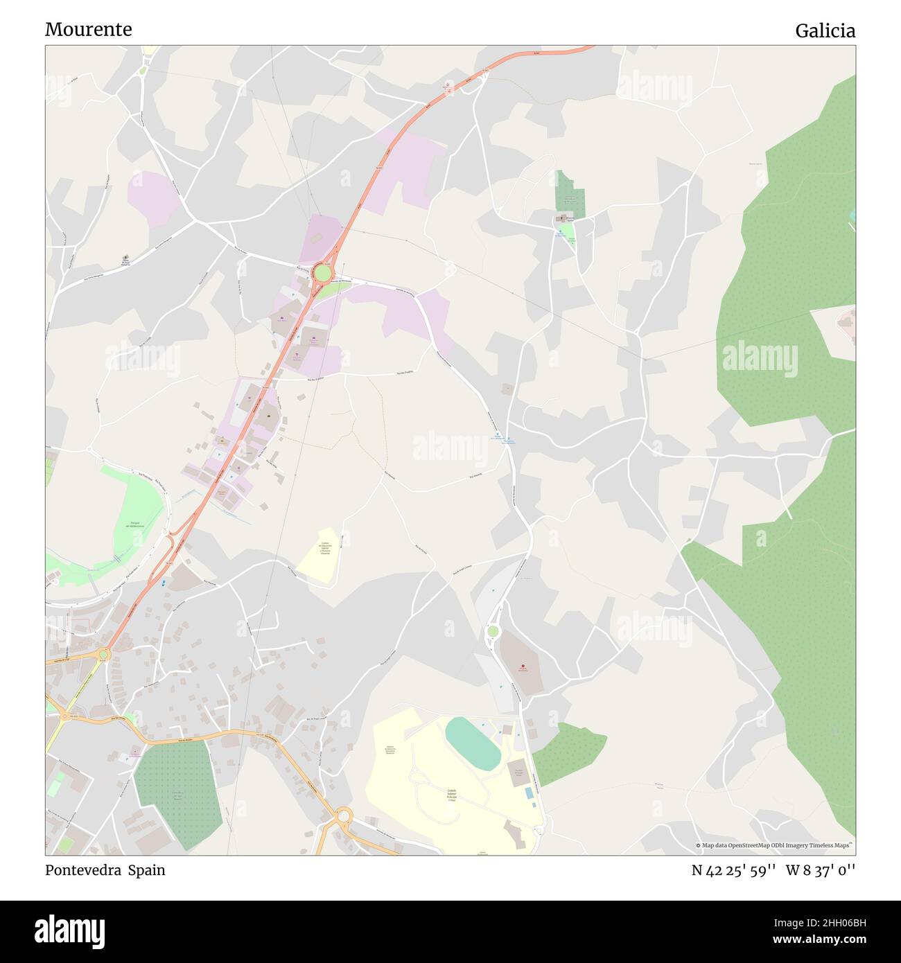 Mourente, Pontevedra, Spagna, Galizia, N 42 25' 59'', W 8 37' 0''', mappa, mappa senza tempo pubblicata nel 2021. Viaggiatori, esploratori e avventurieri come Florence Nightingale, David Livingstone, Ernest Shackleton, Lewis and Clark e Sherlock Holmes si sono affidati alle mappe per pianificare i viaggi verso gli angoli più remoti del mondo, Timeless Maps sta mappando la maggior parte delle località del mondo, mostrando il successo di grandi sogni Foto Stock