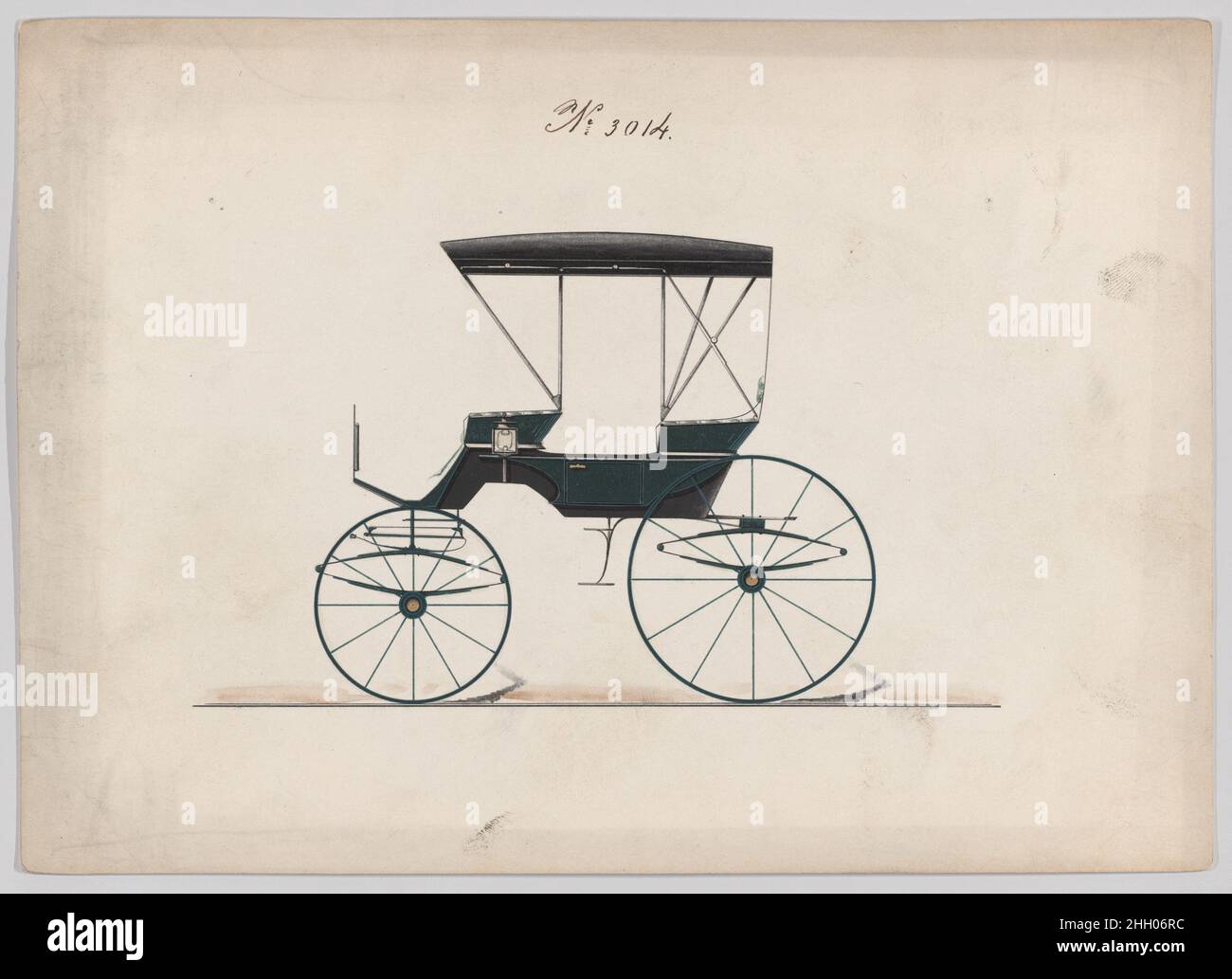 Design per Park Phaeton, no 3014 1874 Brewster & Co. American Brewster & Company HistoryEtablished in 1810 da James Brewster (1788–1866) a New Haven, Connecticut, Brewster & Company, specializzato nella fabbricazione di carrozze fini. Il fondatore aprì uno showroom di New York nel 1827 a 53-54 Broad Street, e l'azienda fiorì sotto generazioni di leadership familiare. L'espansione ha richiesto mosse intorno a Lower Manhattan, con cambiamenti di nome che riflettono i cambiamenti di gestione: James Brewster & Sons operò a 25 Canal Street, James Brewster Sons a 396 Broadway, e Brewster di Broome Street era ba Foto Stock