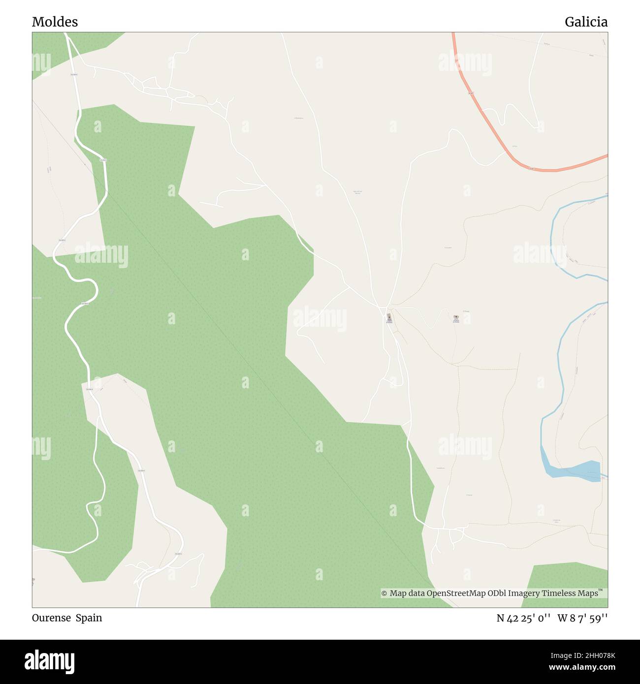 Moldes, Ourense, Spagna, Galizia, N 42 25' 0'', W 8 7' 59''', mappa, mappa senza tempo pubblicata nel 2021. Viaggiatori, esploratori e avventurieri come Florence Nightingale, David Livingstone, Ernest Shackleton, Lewis and Clark e Sherlock Holmes si sono affidati alle mappe per pianificare i viaggi verso gli angoli più remoti del mondo, Timeless Maps sta mappando la maggior parte delle località del mondo, mostrando il successo di grandi sogni Foto Stock