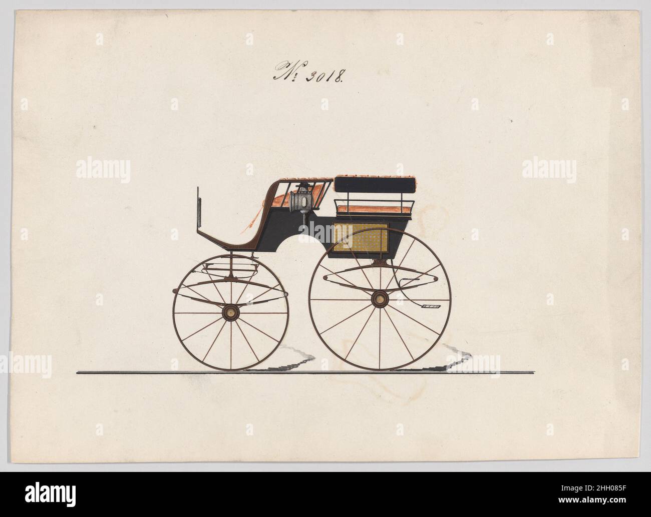 Design per carrello per cani o ruote 2, n. 3018 1874 Brewster & Co. American Brewster & Company HistoryEtablished in 1810 da James Brewster (1788–1866) a New Haven, Connecticut, Brewster & Company, specializzato nella fabbricazione di carrozze fini. Il fondatore aprì uno showroom di New York nel 1827 a 53-54 Broad Street, e l'azienda fiorì sotto generazioni di leadership familiare. L'espansione ha richiesto mosse intorno a Lower Manhattan, con cambiamenti di nome che riflettono i cambiamenti di gestione: James Brewster & Sons operò a 25 Canal Street, James Brewster Sons a 396 Broadway e Brewster di Broome Stre Foto Stock