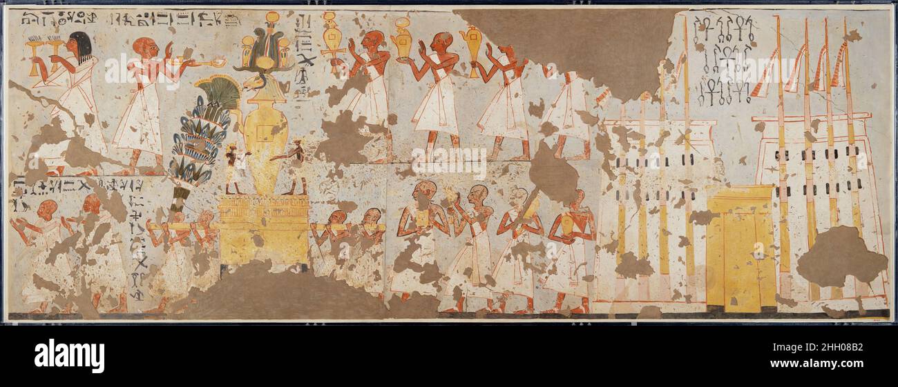 Processione dal Tempio di Amun A.D. 1923–1924; originale ca. 1279–1213 a.C. XX secolo; originale nuovo Regno Charles K. Wilkinson questo dipinto raffigura una scena del festival di Capodanno, che in origine coincise con l'inizio dell'annuale alluvione sul Nilo. Come parte di questa celebrazione, i sacerdoti hanno organizzato processioni come questa. Qui, un gruppo di sacerdoti porta il vaso d'oro del dio Amun. Il suo coperchio assume la forma di una testa di ariete con una elaborata corona. In basso a sinistra, altri due sacerdoti cantano e stringono il ritmo mentre un altro gruppo segue e tiene il cerimoniale più piccolo Foto Stock