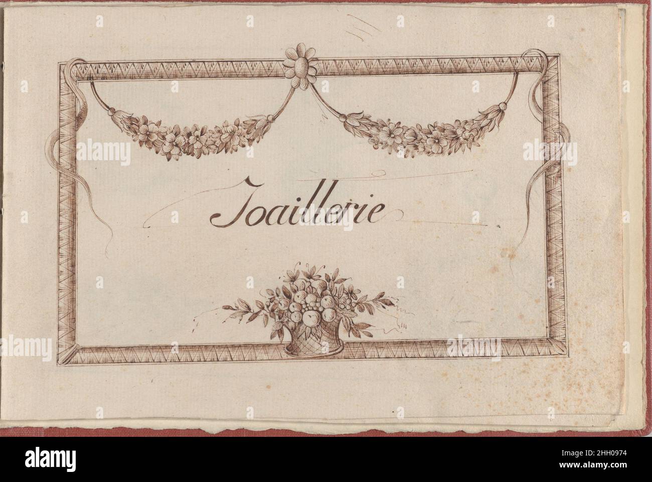 Joaillerie: Album dei disegni di gioielli, titolo pagina 1770 o dopo Anonimo, francese titolo pagina per un piccolo album contenente disegni con disegni di gioielli copiati dopo le stampe di L. van der Cruycen, 'Nouveau Livre de Desseins...' (Nuovo libro dei disegni...), pubblicato a Parigi nel 1770. I disegni di gioielli presenti nell'album sono caratteristici dello stile in voga durante il regno di Luigi XVI in Francia, con un sapore serendipitoso, con forme asimmetriche, 'rocaille' e motivi naturali stilizzati, e fortemente decorato con fiori, nastri e nappoli, rappresentando così il gusto della R Foto Stock