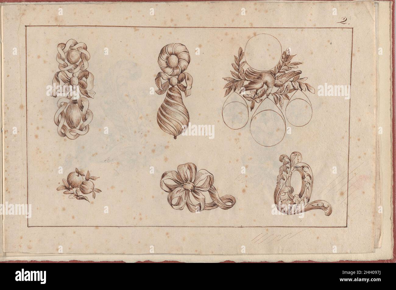 Joaillerie: Album di Jewelry Designs, pagina 2 1770 o successiva Anonimo, francese seconda pagina di un piccolo album contenente disegni con disegni di gioielli copiati dopo le stampe di L. van der Cruycen, 'Nouveau Livre de Desseins...' (Nuovo libro dei disegni...), pubblicato a Parigi nel 1770. I disegni in questa pagina sono per due orecchini di goccia, un orecchino di girandole, una piccola covata, una covata di nastro, E ornamento in foglie di anacanto, tutti caratteristici dello stile in voga durante il regno di Luigi XVI in Francia, che presenta un sapore serendipitoso, con forme asimmetriche, 'rocaille' e naturali stilizzati mot Foto Stock