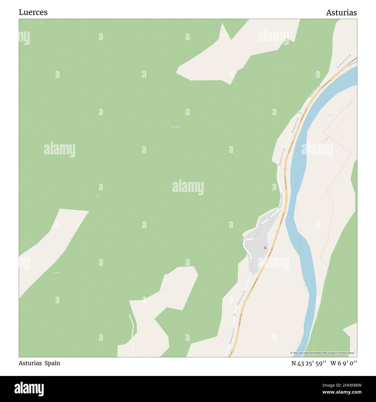 Luerces, Asturie, Spagna, Asturie, N 43 25' 59''', W 6 9' 0''', mappa, mappa senza tempo pubblicata nel 2021. Viaggiatori, esploratori e avventurieri come Florence Nightingale, David Livingstone, Ernest Shackleton, Lewis and Clark e Sherlock Holmes si sono affidati alle mappe per pianificare i viaggi verso gli angoli più remoti del mondo, Timeless Maps sta mappando la maggior parte delle località del mondo, mostrando il successo di grandi sogni Foto Stock