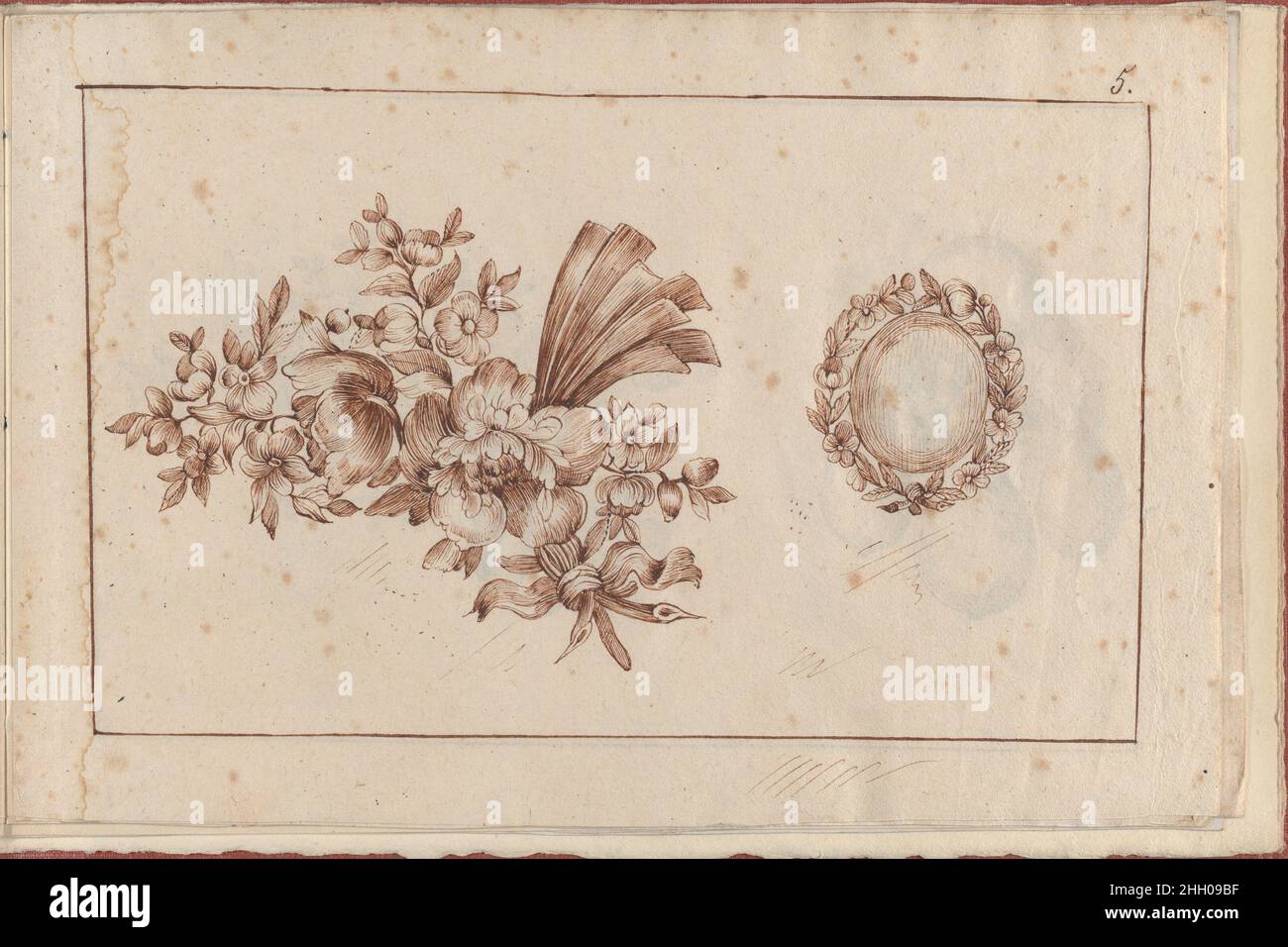 Joaillerie: Album dei disegni di gioielli, pagina 5 1770 o successiva Anonimo, francese Quinta pagina di un piccolo album contenente disegni con disegni di gioielli copiati dopo le stampe di L. van der Cruycen, 'Nouveau Livre de Desseins...' (Nuovo libro dei disegni...), pubblicato a Parigi nel 1770. I disegni in questa pagina sono un aigrette, due piccole spille e un orecchino a goccia, tutti caratteristici dello stile in voga durante il regno di Luigi XVI in Francia, che mostrano un sapore serendipitoso, con forme asimmetriche, 'rocaille' e motivi naturali stilizzati, e fortemente decorato con fiori, nastri e. Foto Stock