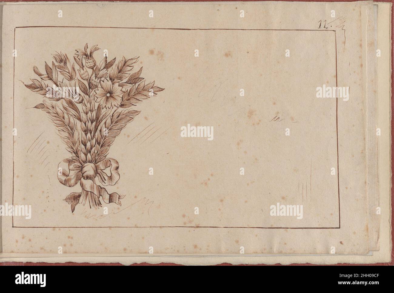 Joaillerie: Album dei disegni di gioielli, pagina 11 1770 o dopo Anonimo, francese undicesima pagina di un piccolo album contenente disegni con disegni di gioielli copiati dopo le stampe di L. van der Cruycen, 'Nouveau Livre de Desseins...' (Nuovo libro dei disegni...), pubblicato a Parigi nel 1770. Questa pagina contiene un disegno per un aigrette, caratteristico dello stile in voga durante il regno di Luigi XVI in Francia, che presenta un sapore serendipitoso, con forme asimmetriche, 'rocaille' e motivi naturali stilizzati, e fortemente decorato con fiori, nastri e nappine, rappresentando così il gusto del Roc Foto Stock