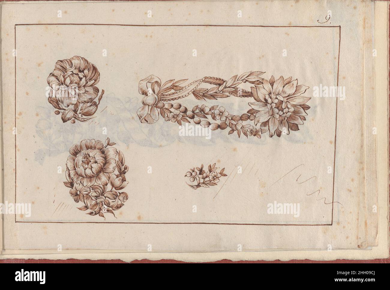 Joaillerie: Album dei disegni di gioielli, pagina 9 1770 o successiva Anonimo, nona pagina francese di un piccolo album contenente disegni con disegni di gioielli copiati dopo le stampe di L. van der Cruycen, 'Nouveau Livre de Desseins...' (Nuovo libro dei disegni...), pubblicato a Parigi nel 1770. Questa pagina contiene disegni per due spille di fiori, una piccola spilla e un grande spilla a corsetto, tutti caratteristici dello stile in voga durante il regno di Luigi XVI in Francia, che mostrano un sapore serendipitoso, con forme asimmetriche, 'rocaille' e motivi naturali stilizzati, e fortemente decorata con fiori, ri Foto Stock