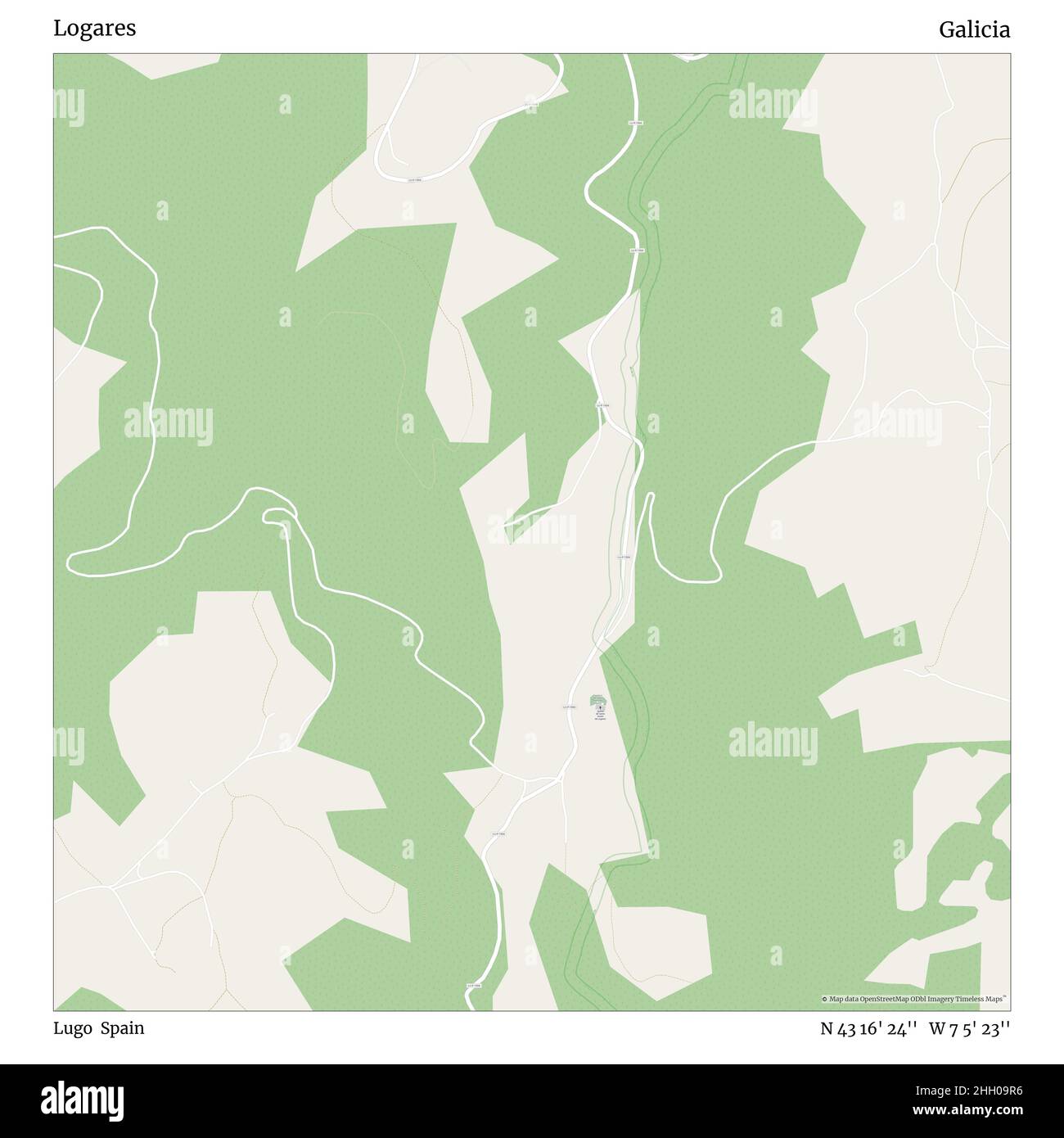 Logares, Lugo, Spagna, Galizia, N 43 16' 24'', W 7 5' 23''', mappa, mappa senza tempo pubblicata nel 2021. Viaggiatori, esploratori e avventurieri come Florence Nightingale, David Livingstone, Ernest Shackleton, Lewis and Clark e Sherlock Holmes si sono affidati alle mappe per pianificare i viaggi verso gli angoli più remoti del mondo, Timeless Maps sta mappando la maggior parte delle località del mondo, mostrando il successo di grandi sogni Foto Stock