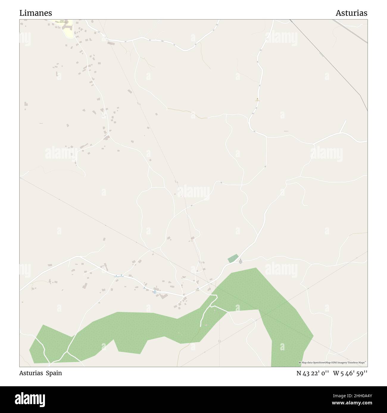 Limanes, Asturie, Spagna, Asturie, N 43 22' 0'', W 5 46' 59''', mappa, mappa senza tempo pubblicata nel 2021. Viaggiatori, esploratori e avventurieri come Florence Nightingale, David Livingstone, Ernest Shackleton, Lewis and Clark e Sherlock Holmes si sono affidati alle mappe per pianificare i viaggi verso gli angoli più remoti del mondo, Timeless Maps sta mappando la maggior parte delle località del mondo, mostrando il successo di grandi sogni Foto Stock