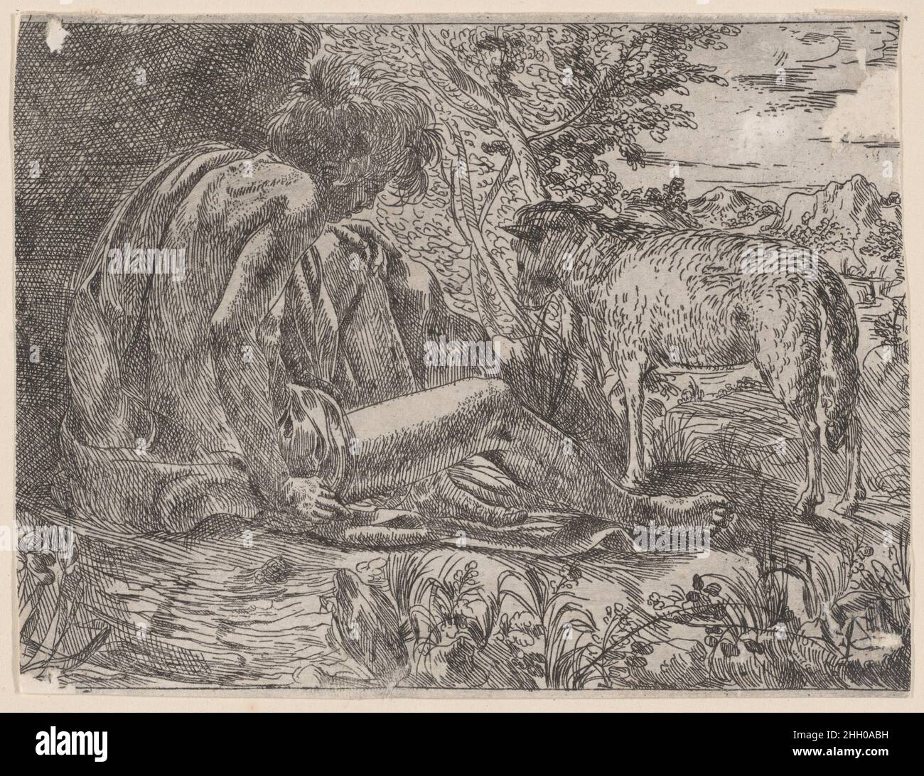 San Giovanni Battista con agnello 1600–35 Giovanni Battista Caracciolo. San Giovanni Battista con un agnello. Giovanni Battista Caracciolo (Napoli 1578–1635 Napoli). 1600–35. Acquaforte. Stampa Foto Stock