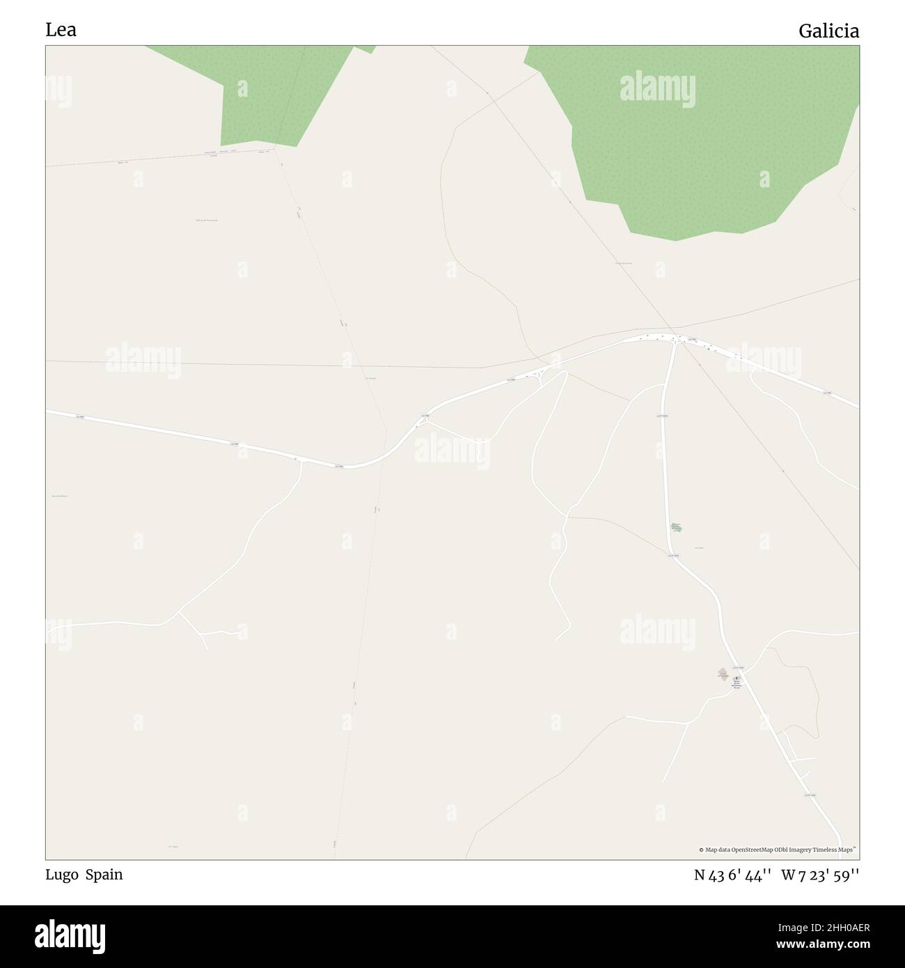 Lea, Lugo, Spagna, Galizia, N 43 6' 44'', W 7 23' 59''', mappa, mappa senza tempo pubblicata nel 2021. Viaggiatori, esploratori e avventurieri come Florence Nightingale, David Livingstone, Ernest Shackleton, Lewis and Clark e Sherlock Holmes si sono affidati alle mappe per pianificare i viaggi verso gli angoli più remoti del mondo, Timeless Maps sta mappando la maggior parte delle località del mondo, mostrando il successo di grandi sogni Foto Stock