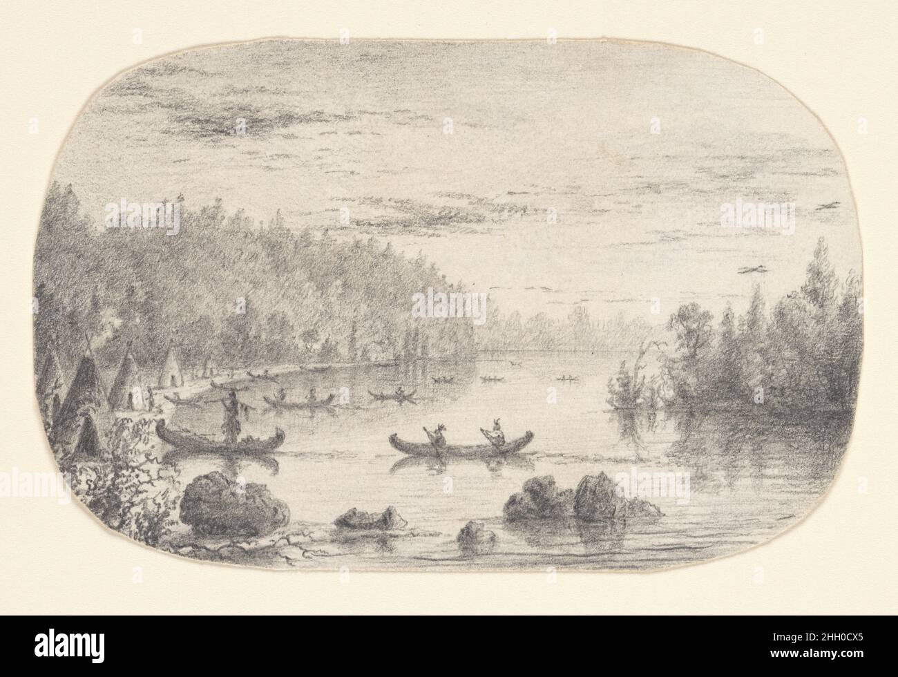 Indiani di ritorno dalla caccia (dallo scrapbook McGuire) 1841 Charles Lanman il Lanman, nato nel Michigan, viaggiò ampiamente attraverso gli Stati Uniti orientali e del Midwest, facendo centinaia di schizzi sui suoi viaggi. Ha prodotto numerosi paesaggi panoramici abitati da indiani americani, raffigurando di solito le figure da lontano e con una sensibilità nostalgica. Nei suoi scritti di viaggio, Lanman a volte rifletteva sull’insediamento della Grande regione dei LakesRegion e sulla migrazione forzata degli indiani dalle loro terre di origine. In 'Un'estate nella natura selvaggia' (1847), scrisse: 'Tutti gli anni fa, l'OMS Foto Stock