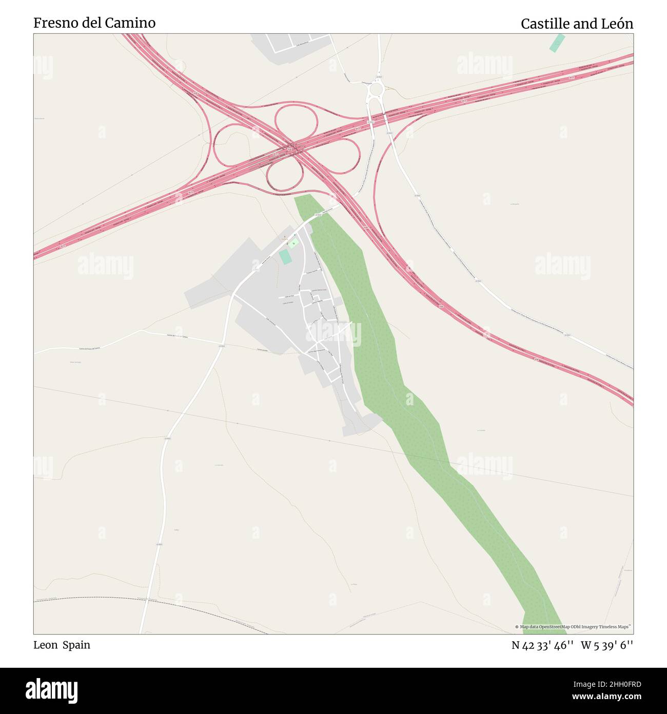 Fresno del Camino, Leon, Spagna, Castiglia e León, N 42 33' 46''', W 5 39' 6''', mappa, mappa senza tempo pubblicata nel 2021. Viaggiatori, esploratori e avventurieri come Florence Nightingale, David Livingstone, Ernest Shackleton, Lewis and Clark e Sherlock Holmes si sono affidati alle mappe per pianificare i viaggi verso gli angoli più remoti del mondo, Timeless Maps sta mappando la maggior parte delle località del mondo, mostrando il successo di grandi sogni Foto Stock