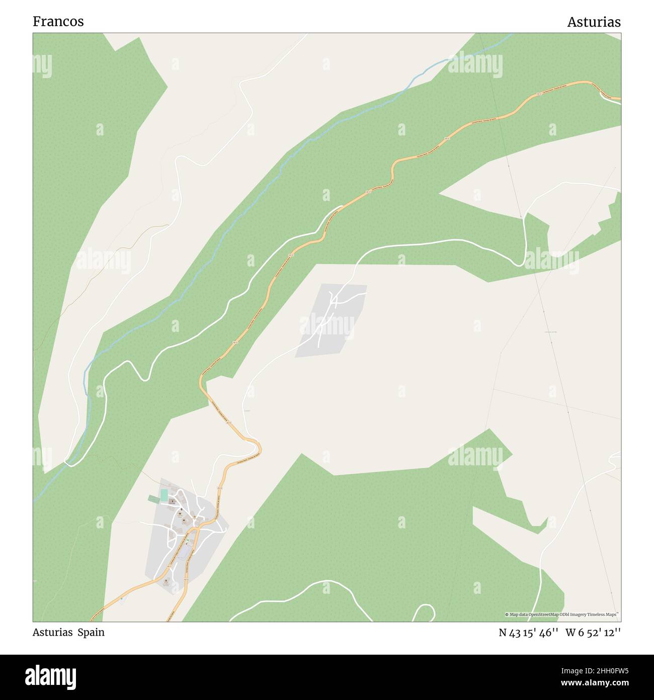 Francos, Asturie, Spagna, Asturie, N 43 15' 46''', W 6 52' 12''', mappa, mappa senza tempo pubblicata nel 2021. Viaggiatori, esploratori e avventurieri come Florence Nightingale, David Livingstone, Ernest Shackleton, Lewis and Clark e Sherlock Holmes si sono affidati alle mappe per pianificare i viaggi verso gli angoli più remoti del mondo, Timeless Maps sta mappando la maggior parte delle località del mondo, mostrando il successo di grandi sogni Foto Stock