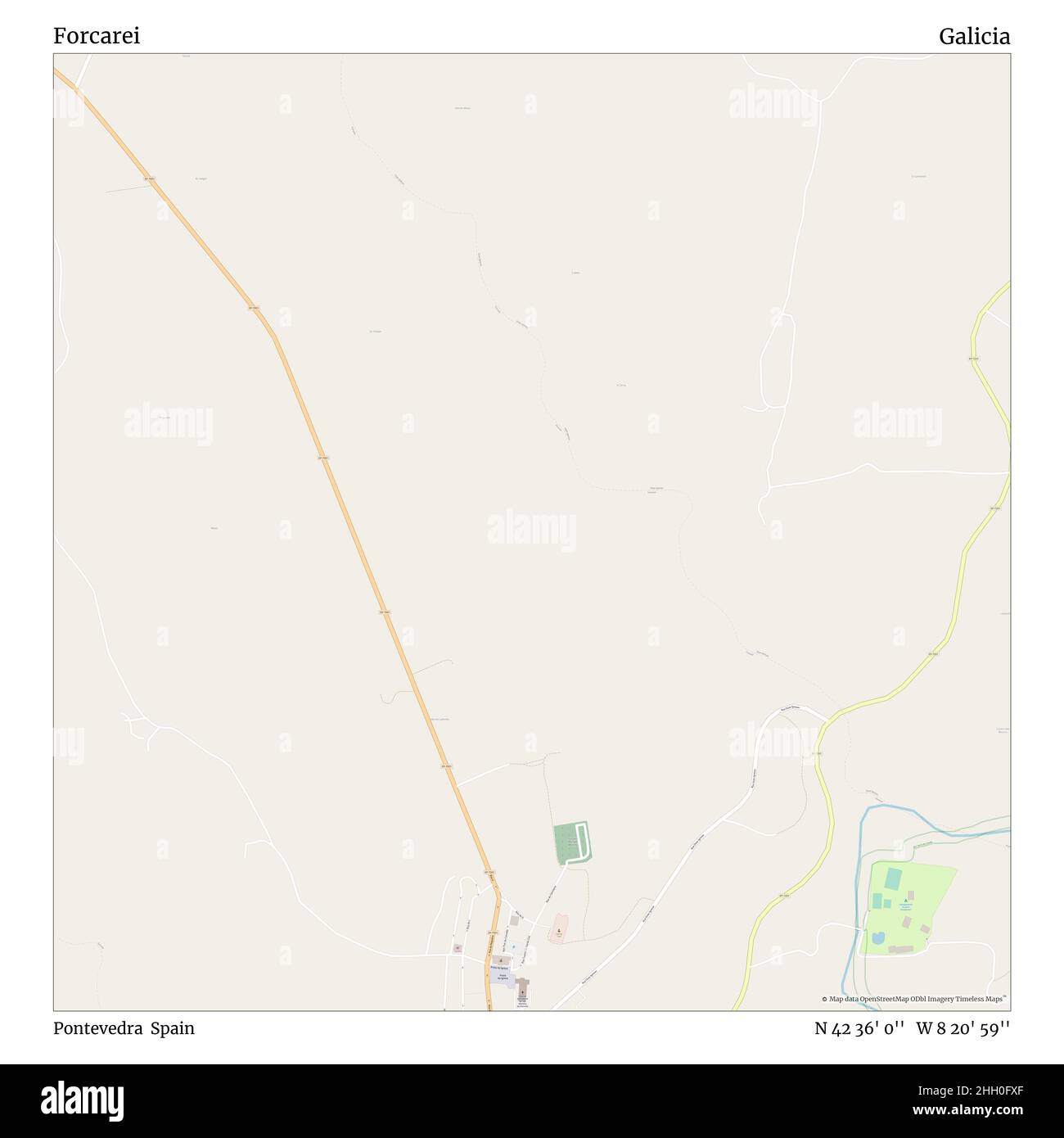 Forcarei, Pontevedra, Spagna, Galizia, N 42 36' 0'', W 8 20' 59''', mappa, mappa senza tempo pubblicata nel 2021. Viaggiatori, esploratori e avventurieri come Florence Nightingale, David Livingstone, Ernest Shackleton, Lewis and Clark e Sherlock Holmes si sono affidati alle mappe per pianificare i viaggi verso gli angoli più remoti del mondo, Timeless Maps sta mappando la maggior parte delle località del mondo, mostrando il successo di grandi sogni Foto Stock