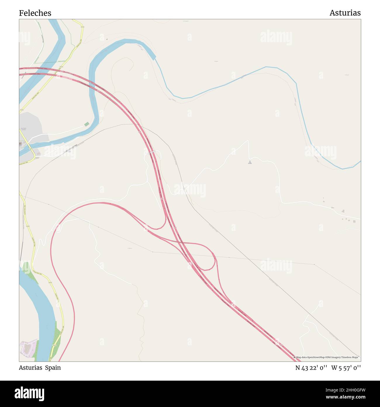 Feleches, Asturie, Spagna, Asturie, N 43 22' 0''', W 5 57' 0''', mappa, mappa senza tempo pubblicata nel 2021. Viaggiatori, esploratori e avventurieri come Florence Nightingale, David Livingstone, Ernest Shackleton, Lewis and Clark e Sherlock Holmes si sono affidati alle mappe per pianificare i viaggi verso gli angoli più remoti del mondo, Timeless Maps sta mappando la maggior parte delle località del mondo, mostrando il successo di grandi sogni Foto Stock