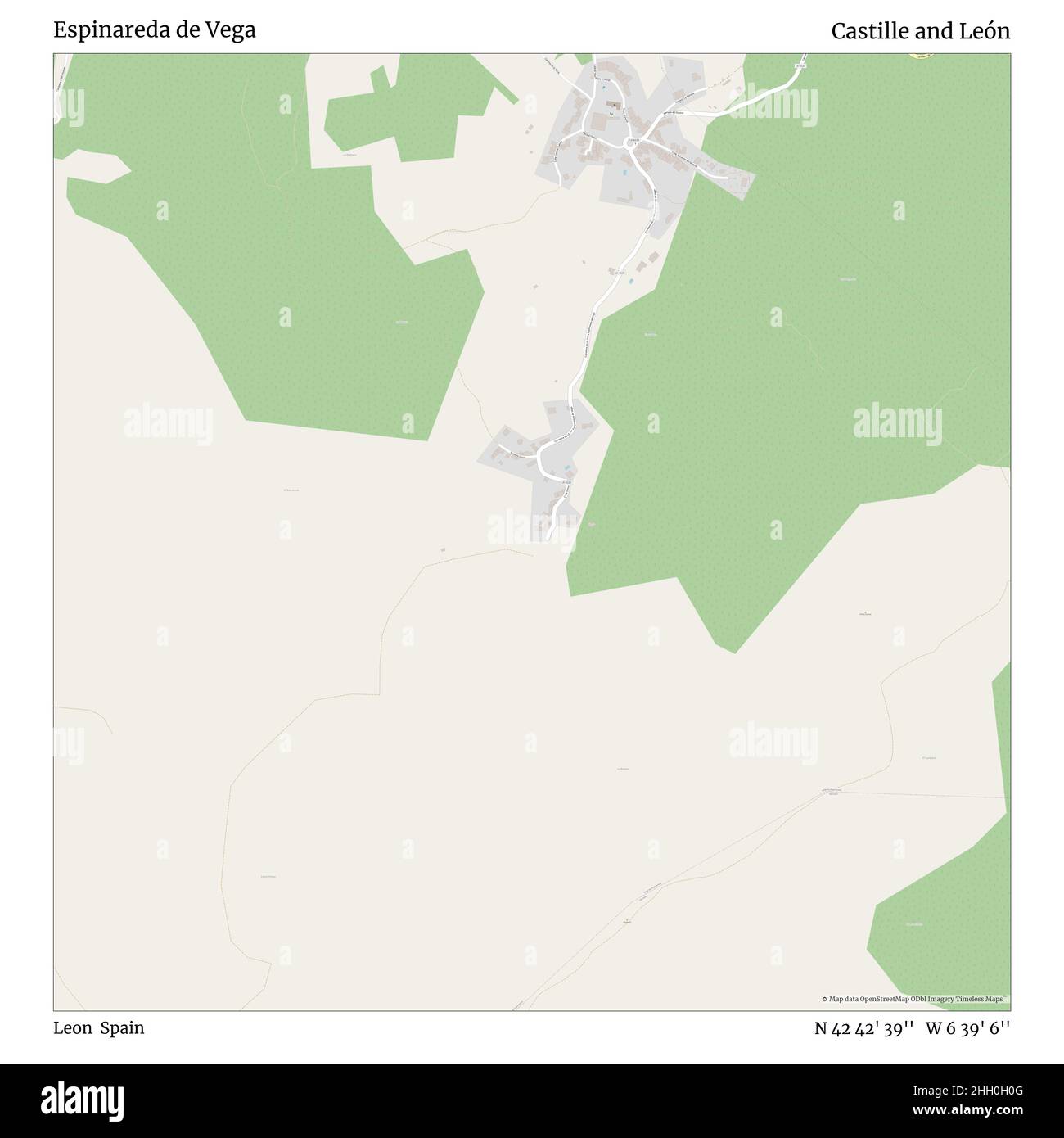Espinareda de Vega, Leon, Spagna, Castiglia e León, N 42 42' 39''', W 6 39' 6''', mappa, mappa senza tempo pubblicata nel 2021. Viaggiatori, esploratori e avventurieri come Florence Nightingale, David Livingstone, Ernest Shackleton, Lewis and Clark e Sherlock Holmes si sono affidati alle mappe per pianificare i viaggi verso gli angoli più remoti del mondo, Timeless Maps sta mappando la maggior parte delle località del mondo, mostrando il successo di grandi sogni Foto Stock