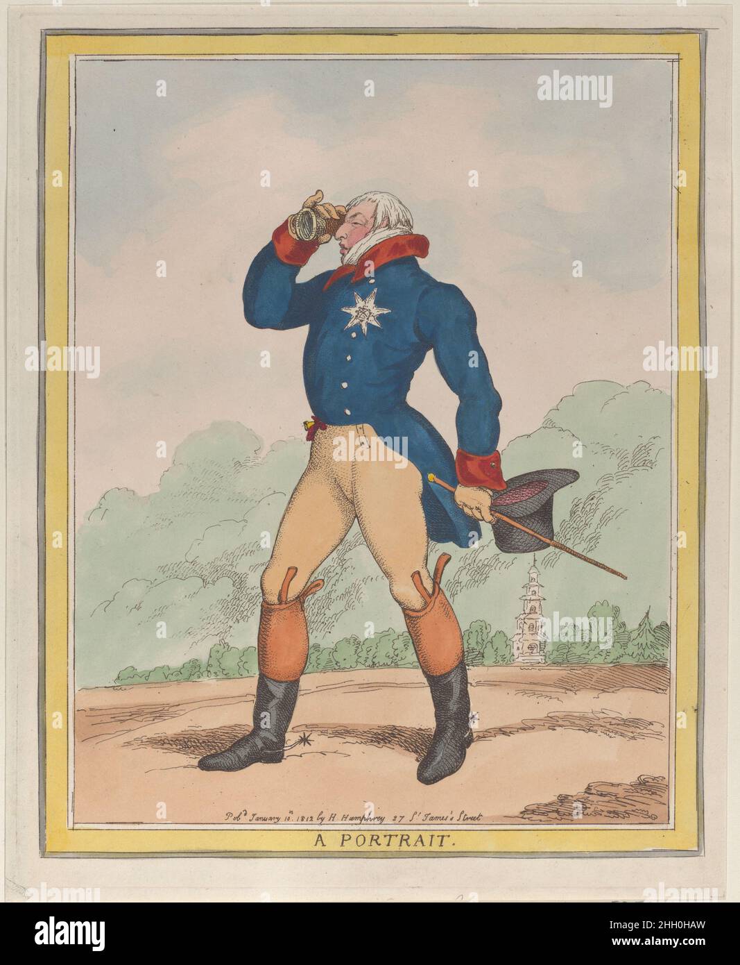 Un ritratto (Duca di Cumberland) 10 gennaio 1812 Thomas Rowlandson il duca di Cumberland cammina di profilo a sinistra, mettendo il suo vetro spia al suo occhio destro. Un Ritratto (Duca di Cumberland). Thomas Rowlandson (British, Londra 1757–1827 Londra). Gennaio 10, 1812. Incisione colorata a mano. Hannah Humphrey (Londra). Stampa Foto Stock