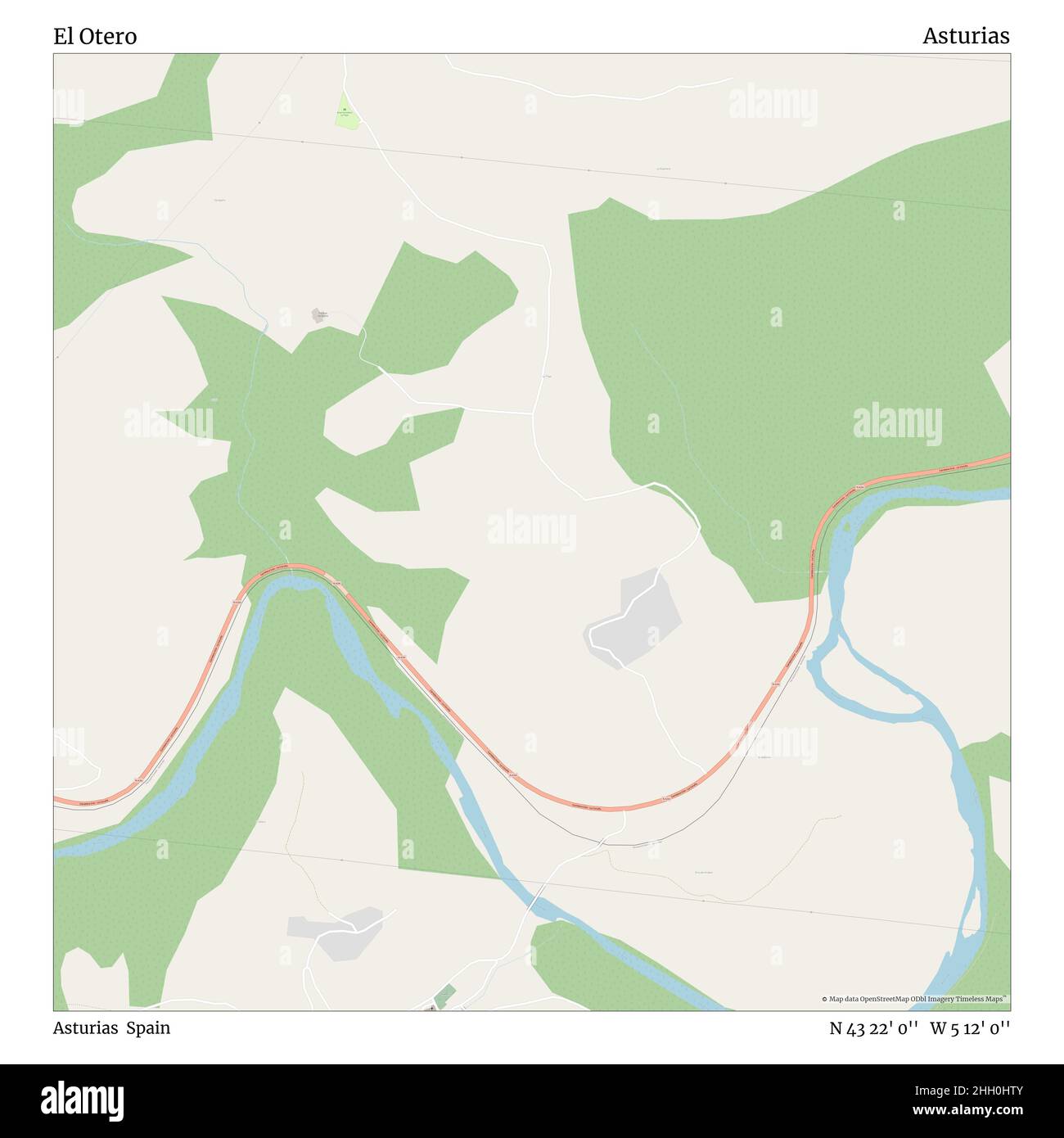 El Otero, Asturie, Spagna, Asturie, N 43 22' 0'', W 5 12' 0''', mappa, mappa senza tempo pubblicata nel 2021. Viaggiatori, esploratori e avventurieri come Florence Nightingale, David Livingstone, Ernest Shackleton, Lewis and Clark e Sherlock Holmes si sono affidati alle mappe per pianificare i viaggi verso gli angoli più remoti del mondo, Timeless Maps sta mappando la maggior parte delle località del mondo, mostrando il successo di grandi sogni Foto Stock