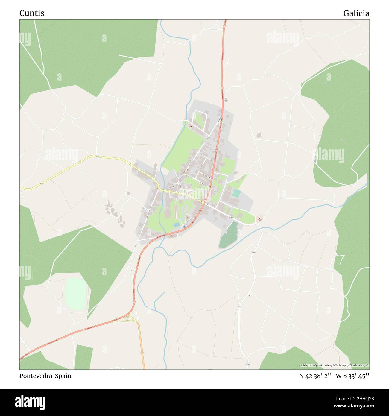 Cuntis, Pontevedra, Spagna, Galizia, N 42 38' 2'', W 8 33' 45''', mappa, mappa senza tempo pubblicata nel 2021. Viaggiatori, esploratori e avventurieri come Florence Nightingale, David Livingstone, Ernest Shackleton, Lewis and Clark e Sherlock Holmes si sono affidati alle mappe per pianificare i viaggi verso gli angoli più remoti del mondo, Timeless Maps sta mappando la maggior parte delle località del mondo, mostrando il successo di grandi sogni Foto Stock