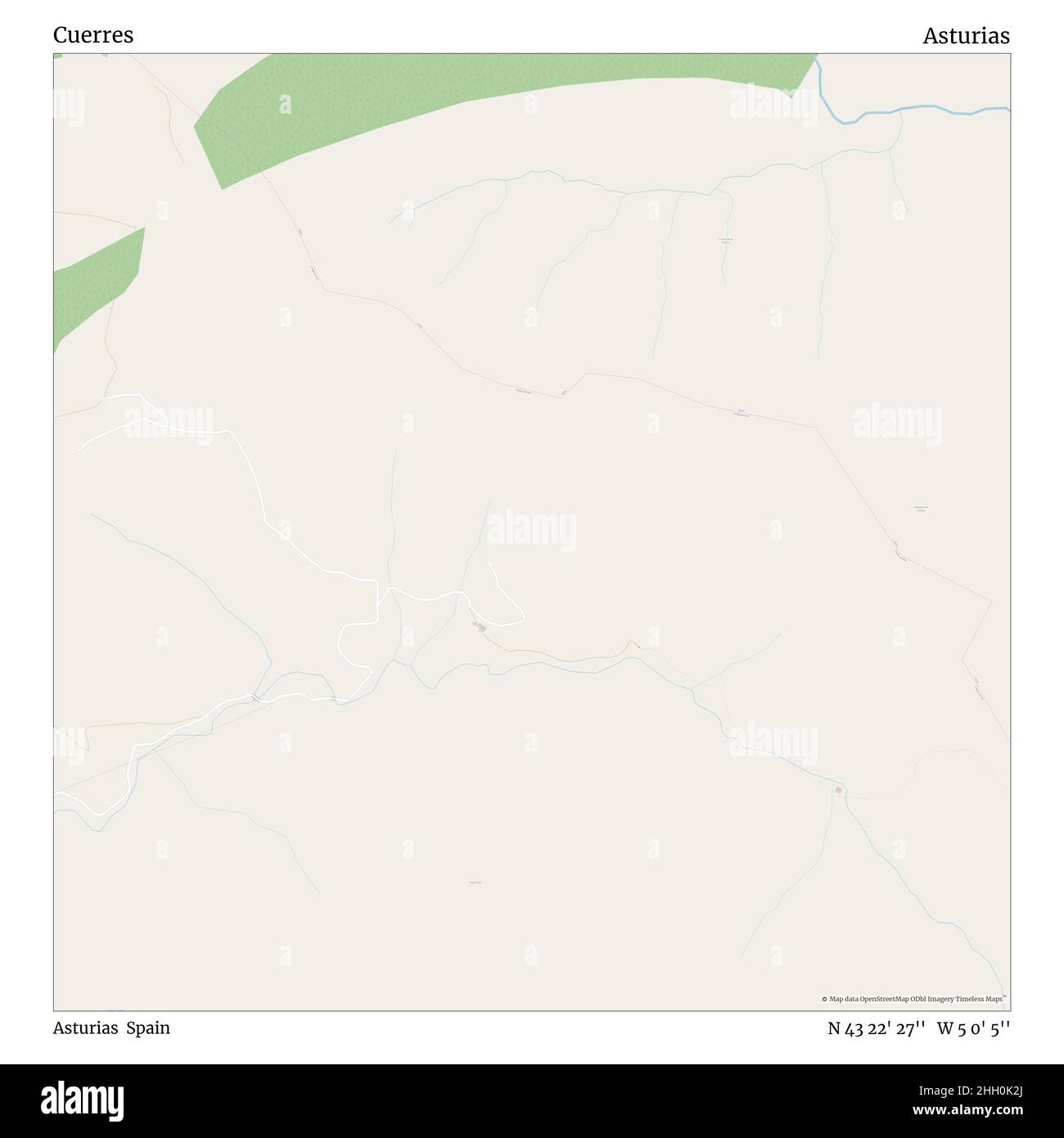 Cuerres, Asturie, Spagna, Asturie, N 43 22' 27'', W 5 0' 5''', mappa, mappa senza tempo pubblicata nel 2021. Viaggiatori, esploratori e avventurieri come Florence Nightingale, David Livingstone, Ernest Shackleton, Lewis and Clark e Sherlock Holmes si sono affidati alle mappe per pianificare i viaggi verso gli angoli più remoti del mondo, Timeless Maps sta mappando la maggior parte delle località del mondo, mostrando il successo di grandi sogni Foto Stock