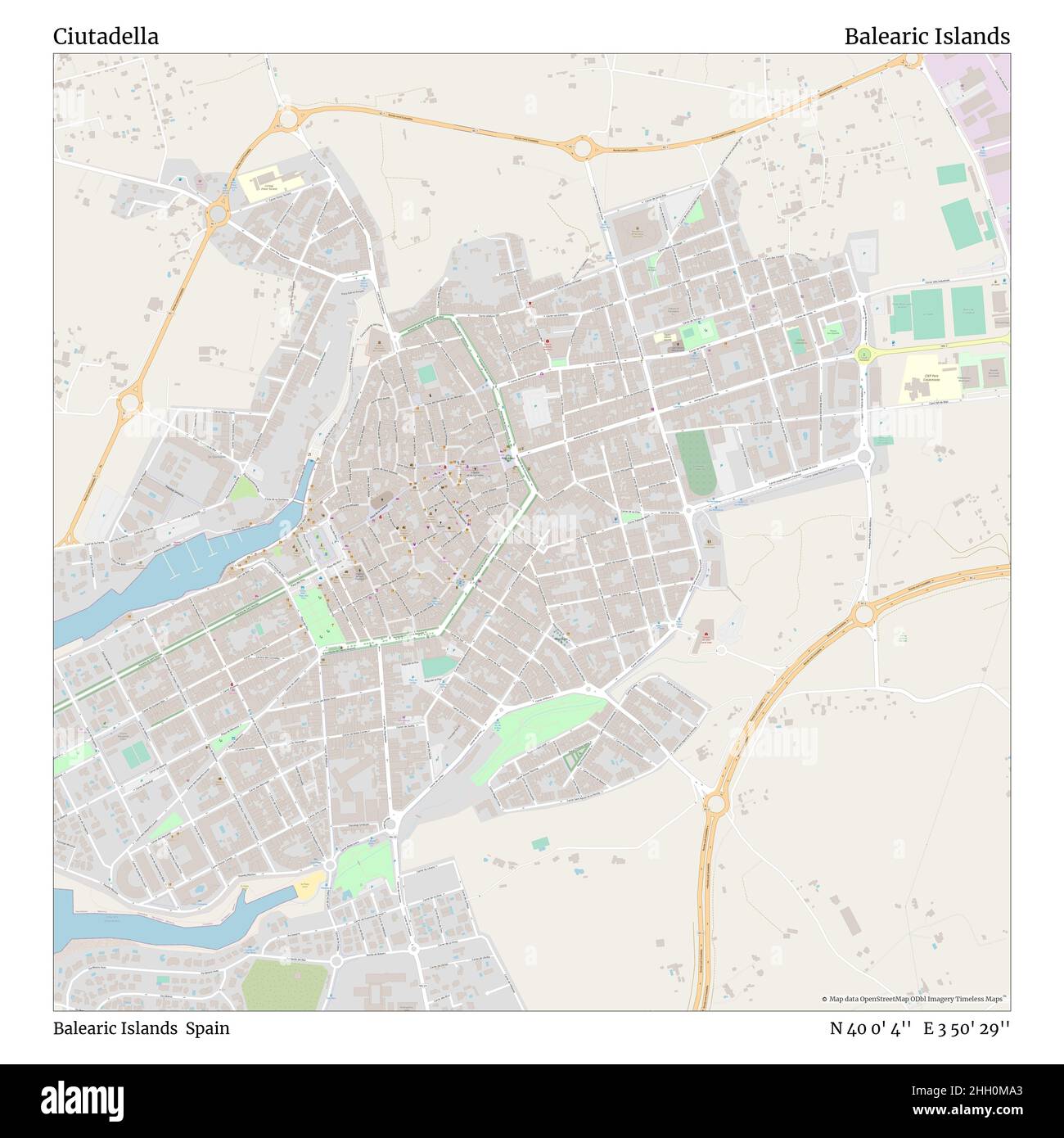 Ciutadella, Isole Baleari, Spagna, Isole Baleari, N 40 0' 4''', e 3 50' 29''', mappa, Mappa senza tempo pubblicata nel 2021. Viaggiatori, esploratori e avventurieri come Florence Nightingale, David Livingstone, Ernest Shackleton, Lewis and Clark e Sherlock Holmes si sono affidati alle mappe per pianificare i viaggi verso gli angoli più remoti del mondo, Timeless Maps sta mappando la maggior parte delle località del mondo, mostrando il successo di grandi sogni Foto Stock